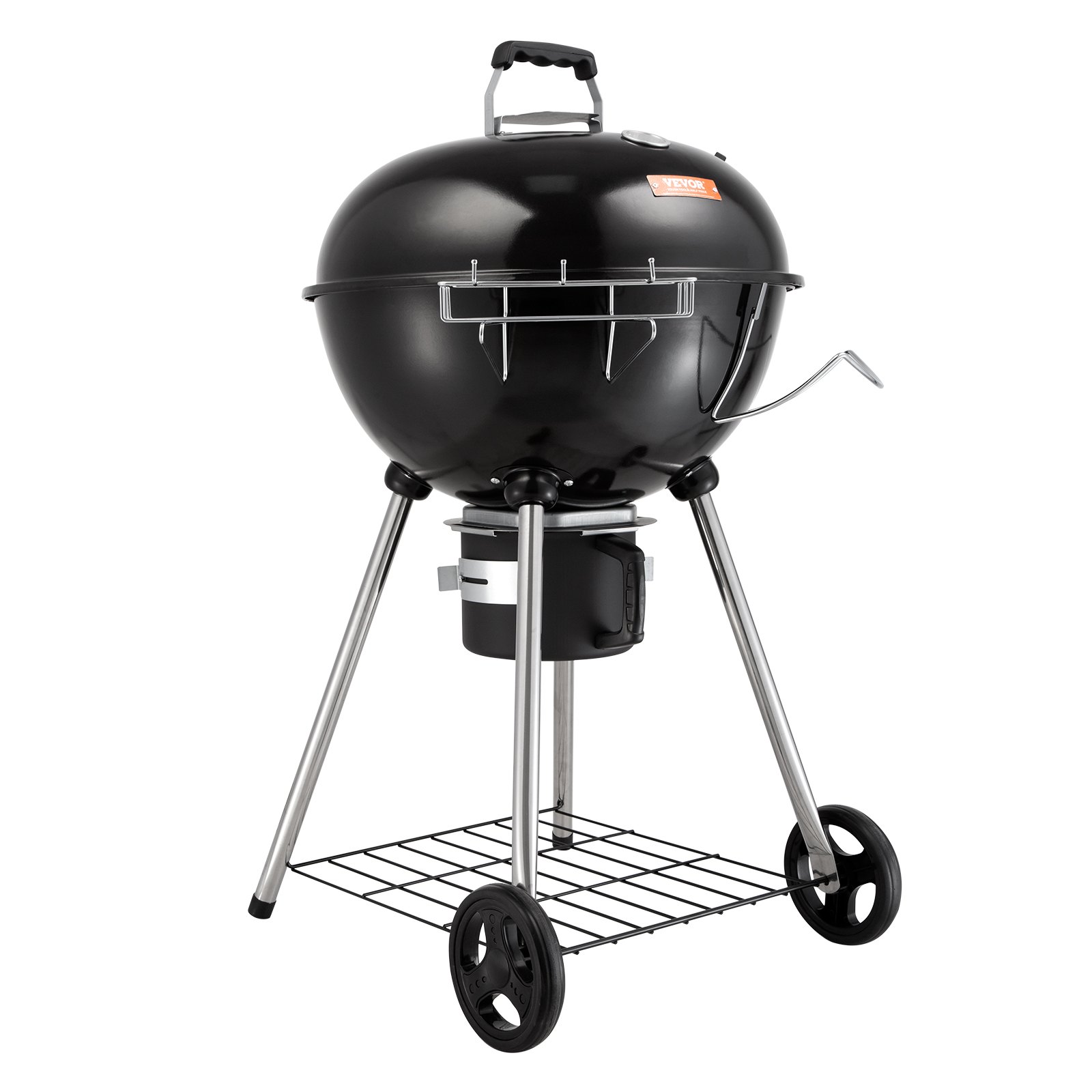 Parrilla de carbón VEVOR con tapa abovedada, patas resistentes, ruedas y rejilla de almacenamiento inferior.
