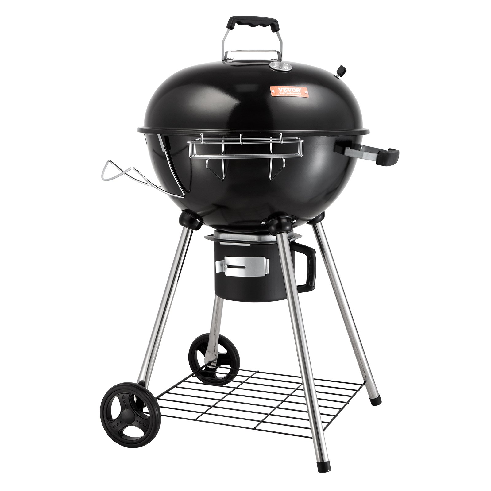 Parrilla de carbón VEVOR con ruedas, rejilla de almacenamiento y medidor de temperatura, diseño negro y plateado.