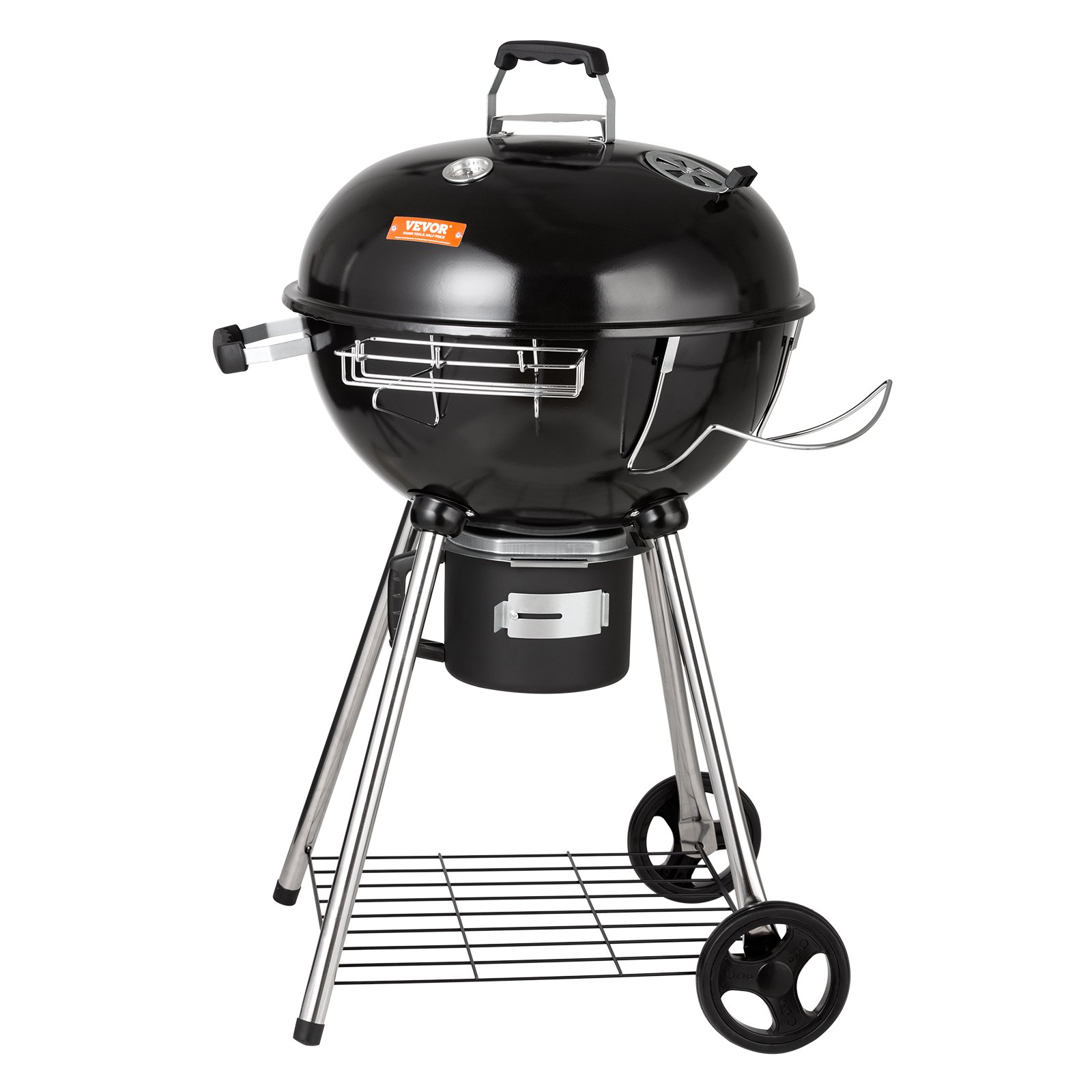 Parrilla de carbón VEVOR con termómetro de tapa, patas de acero inoxidable, ruedas y estante inferior.