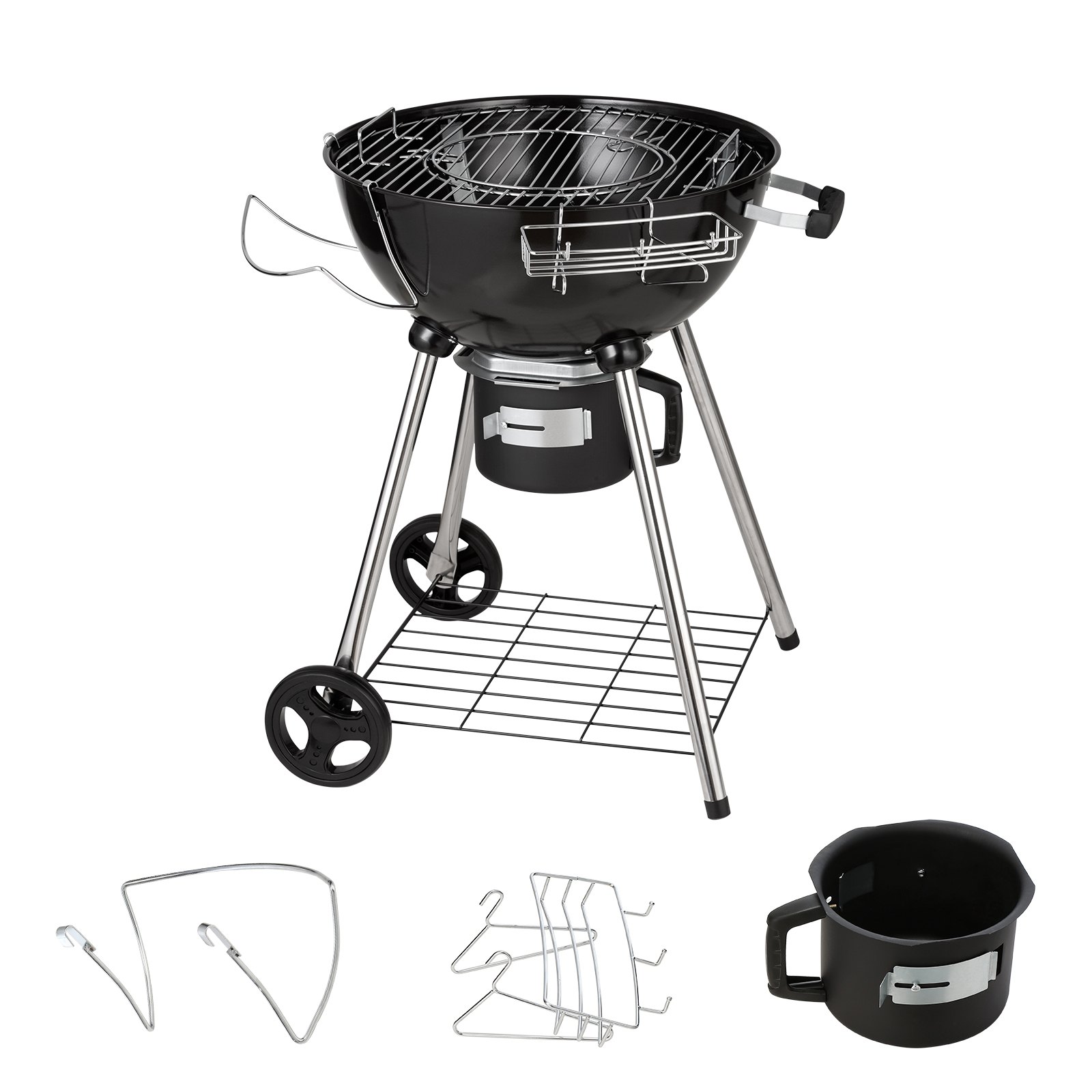Parrilla de carbón VEVOR con rejilla de cocción redonda, patas resistentes, ruedas y accesorios adicionales.