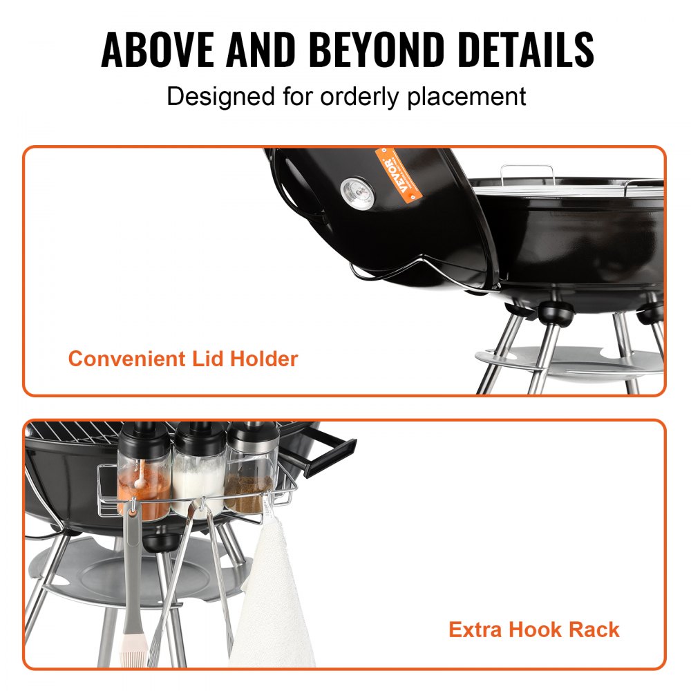 VEVOR Barbacoa de Carbón Redonda Diámetro de 56 cm Barbacoa Redonda con Tapa y Ruedas Parrilla de Carbón de Porcelana Esmaltada Termómetro y Aireadores Integrados Jardín Playa Camping al Aire Libre