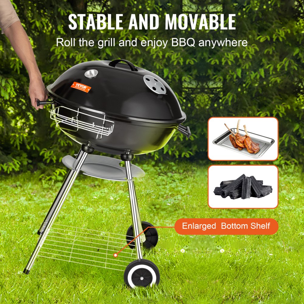 VEVOR Barbacoa de Carbón Redonda Diámetro de 56 cm Barbacoa Redonda con Tapa y Ruedas Parrilla de Carbón de Porcelana Esmaltada Termómetro y Aireadores Integrados Jardín Playa Camping al Aire Libre
