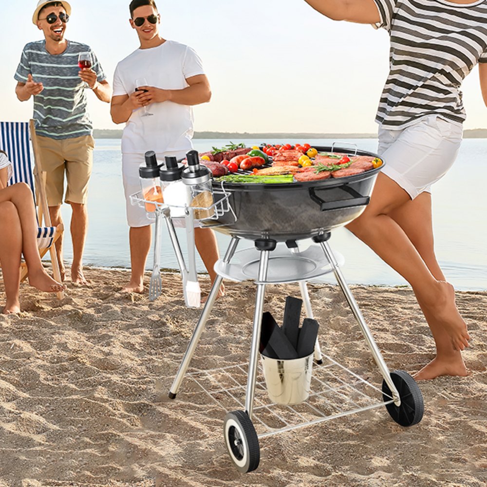 VEVOR Barbacoa de Carbón Redonda Diámetro de 56 cm Barbacoa Redonda con Tapa y Ruedas Parrilla de Carbón de Porcelana Esmaltada Termómetro y Aireadores Integrados Jardín Playa Camping al Aire Libre