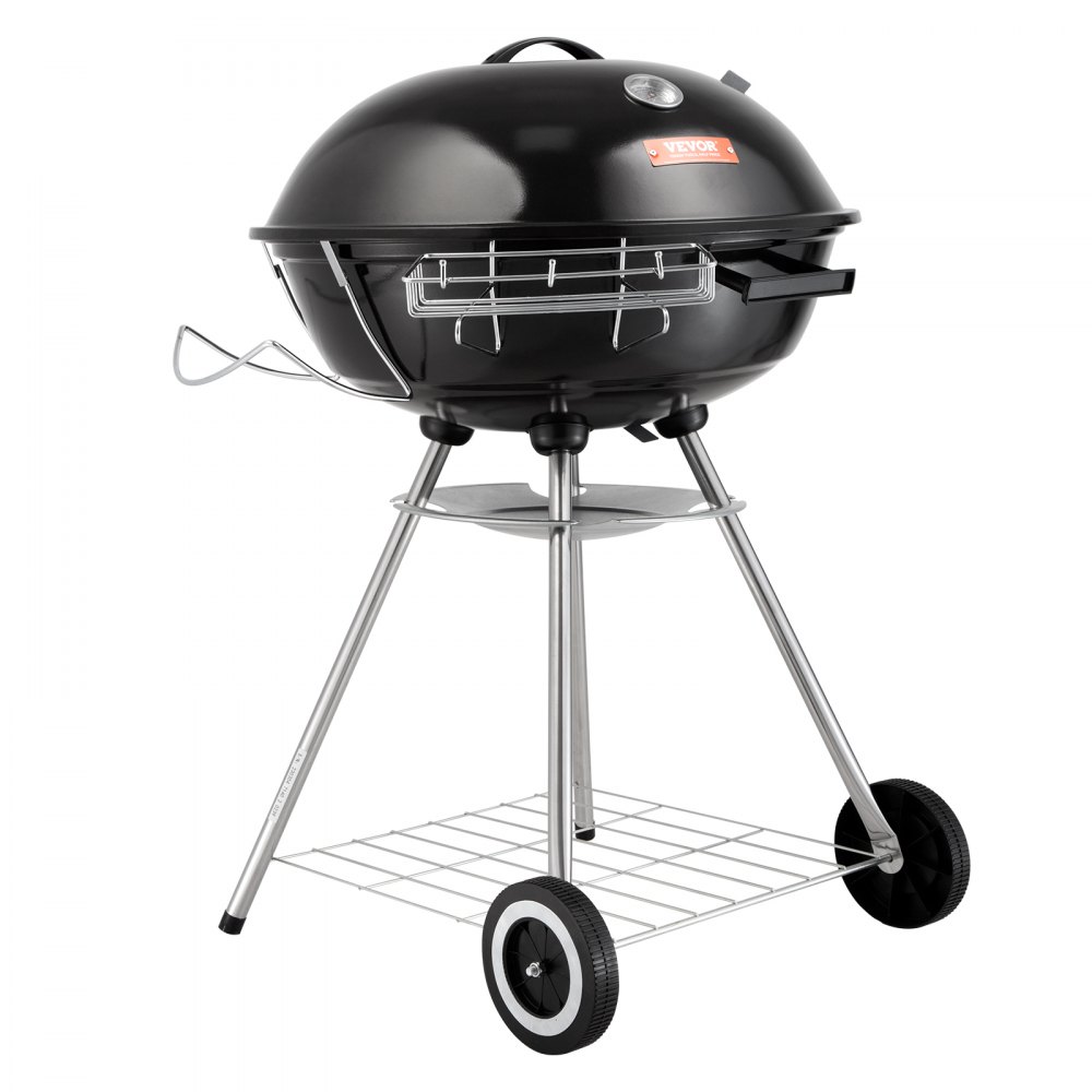 VEVOR Barbacoa de Carbón Redonda Diámetro de 56 cm Barbacoa Redonda con Tapa y Ruedas Parrilla de Carbón de Porcelana Esmaltada Termómetro y Aireadores Integrados Jardín Playa Camping al Aire Libre