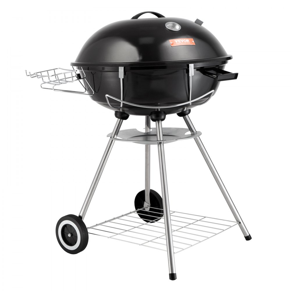 VEVOR Barbacoa de Carbón Redonda Diámetro de 56 cm Barbacoa Redonda con Tapa y Ruedas Parrilla de Carbón de Porcelana Esmaltada Termómetro y Aireadores Integrados Jardín Playa Camping al Aire Libre