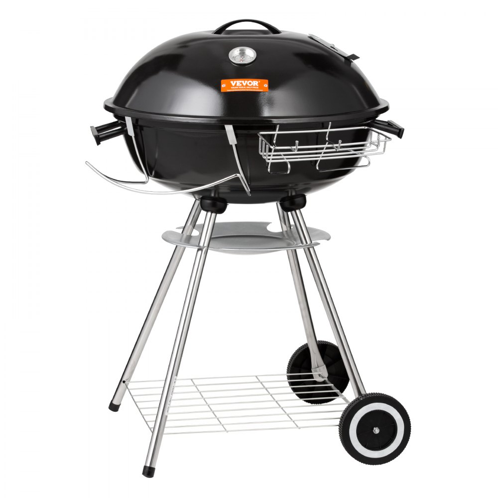 VEVOR Barbacoa de Carbón Redonda Diámetro de 56 cm Barbacoa Redonda con Tapa y Ruedas Parrilla de Carbón de Porcelana Esmaltada Termómetro y Aireadores Integrados Jardín Playa Camping al Aire Libre
