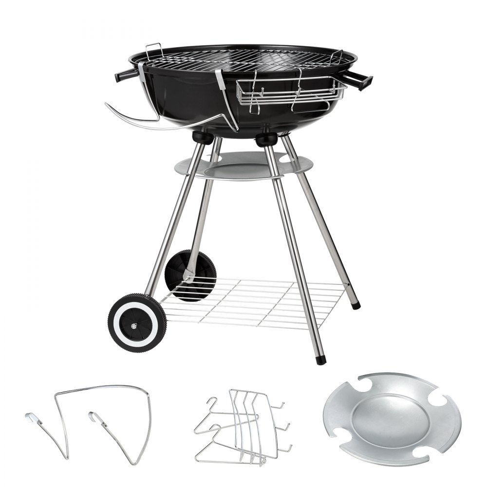 VEVOR Barbacoa de Carbón Redonda Diámetro de 56 cm Barbacoa Redonda con Tapa y Ruedas Parrilla de Carbón de Porcelana Esmaltada Termómetro y Aireadores Integrados Jardín Playa Camping al Aire Libre