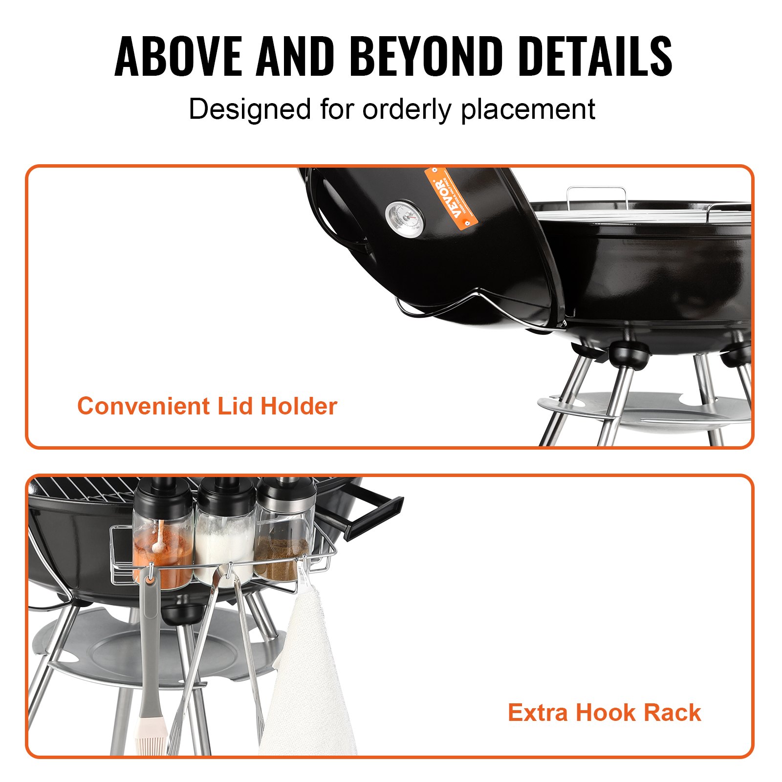 VEVOR Barbacoa de Carbón Redonda Diámetro de 56 cm Barbacoa Redonda con Tapa y Ruedas Parrilla de Carbón de Porcelana Esmaltada Termómetro y Aireadores Integrados Jardín Playa Camping al Aire Libre