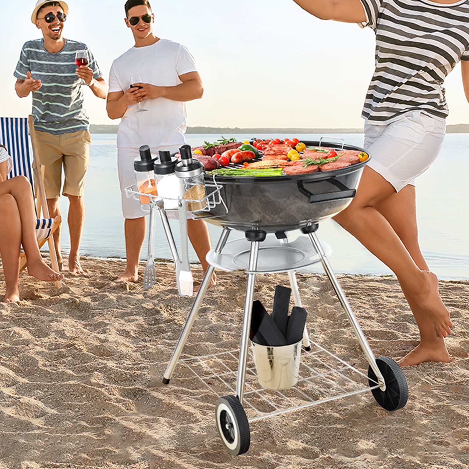 VEVOR Barbacoa de Carbón Redonda Diámetro de 56 cm Barbacoa Redonda con Tapa y Ruedas Parrilla de Carbón de Porcelana Esmaltada Termómetro y Aireadores Integrados Jardín Playa Camping al Aire Libre