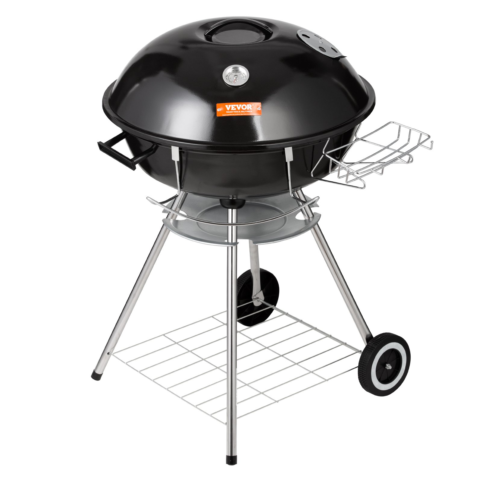 VEVOR Barbacoa de Carbón Redonda Diámetro de 56 cm Barbacoa Redonda con Tapa y Ruedas Parrilla de Carbón de Porcelana Esmaltada Termómetro y Aireadores Integrados Jardín Playa Camping al Aire Libre