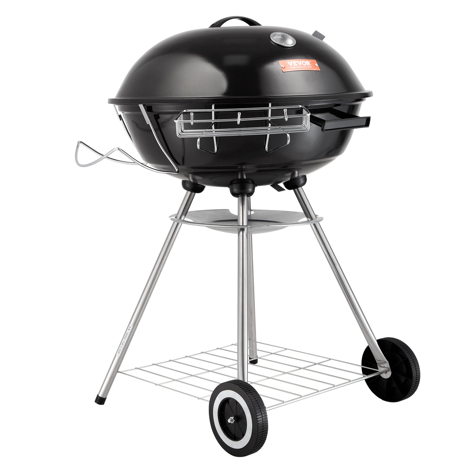 VEVOR Barbacoa de Carbón Redonda Diámetro de 56 cm Barbacoa Redonda con Tapa y Ruedas Parrilla de Carbón de Porcelana Esmaltada Termómetro y Aireadores Integrados Jardín Playa Camping al Aire Libre