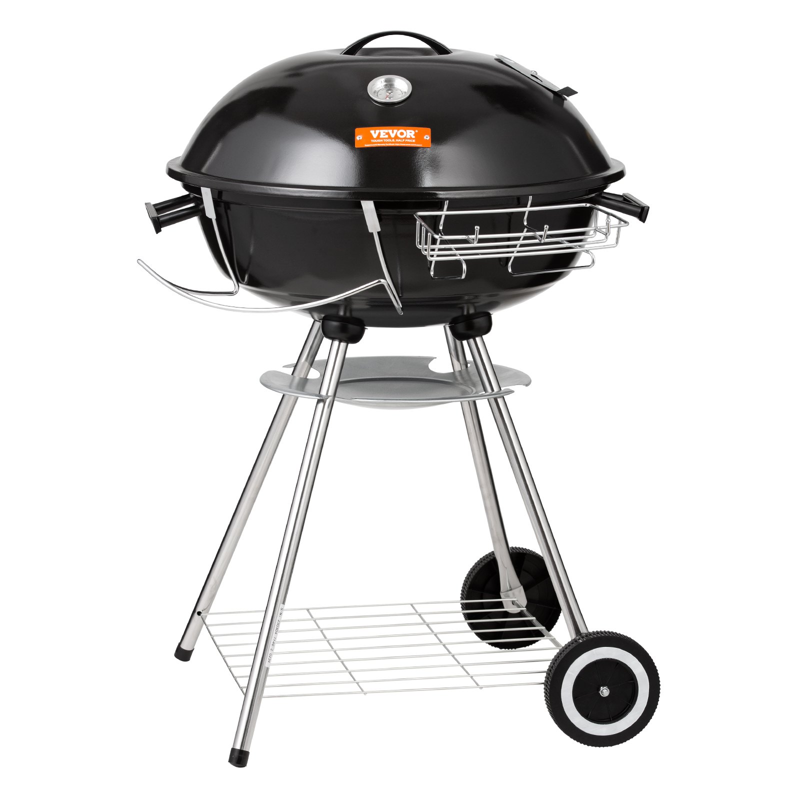 VEVOR Barbacoa de Carbón Redonda Diámetro de 56 cm Barbacoa Redonda con Tapa y Ruedas Parrilla de Carbón de Porcelana Esmaltada Termómetro y Aireadores Integrados Jardín Playa Camping al Aire Libre