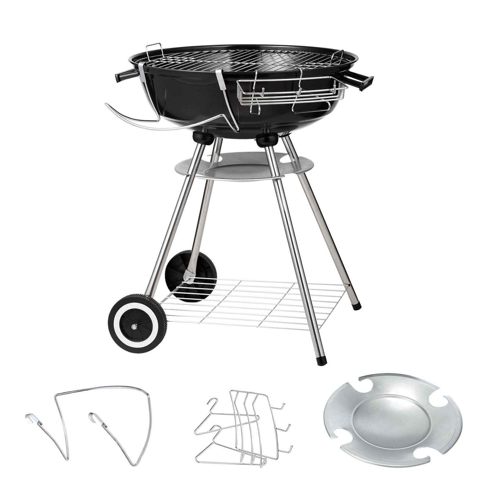 VEVOR Barbacoa de Carbón Redonda Diámetro de 56 cm Barbacoa Redonda con Tapa y Ruedas Parrilla de Carbón de Porcelana Esmaltada Termómetro y Aireadores Integrados Jardín Playa Camping al Aire Libre