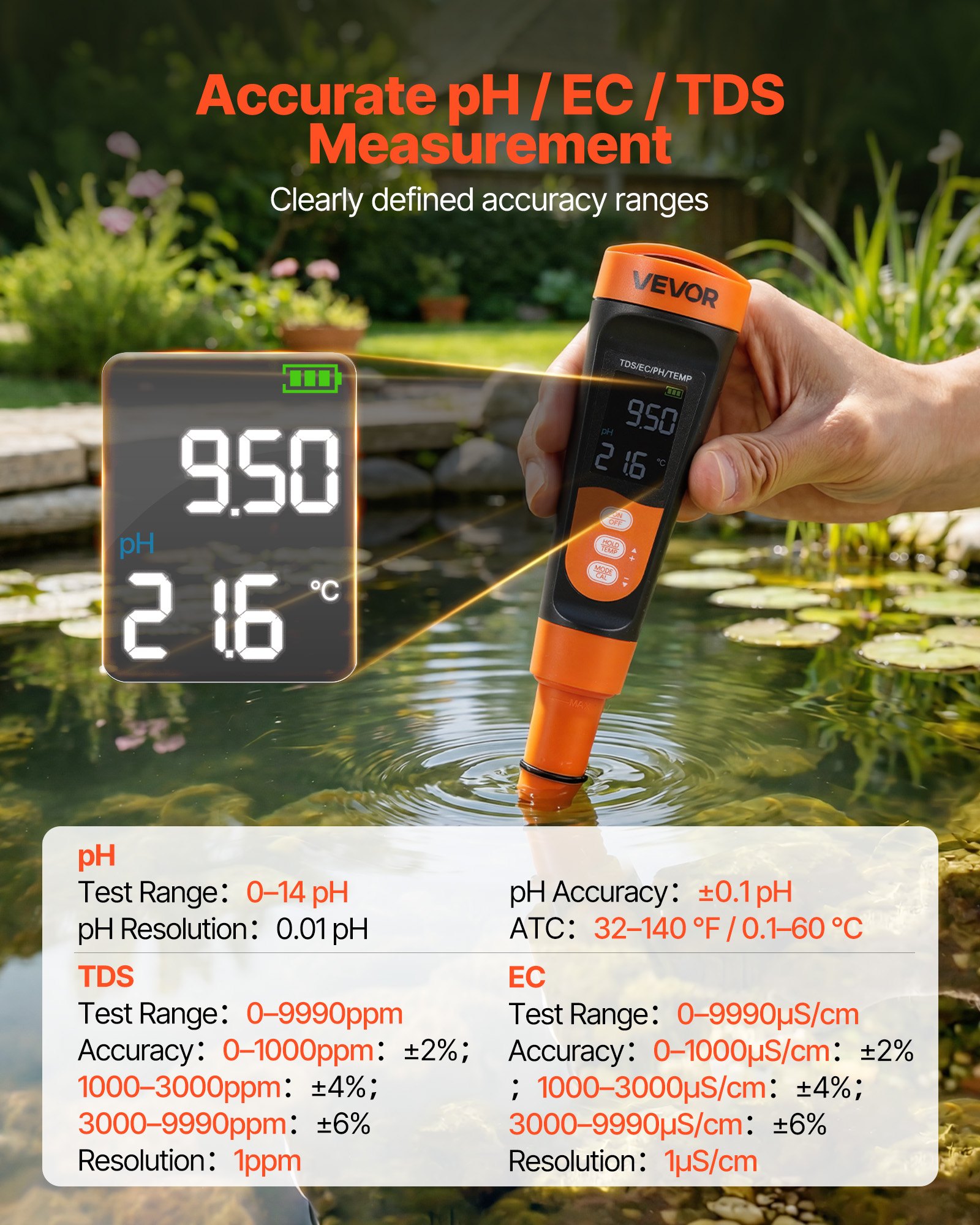 VEVOR Medidor de pH Digital, Probador Multifuncional de pH Conductividad TDS, a Prueba de Agua IP68, Pantalla VA, con Solución de Calibración, para Hidroponía Piscina Agua Potable Laboratorio Acuario