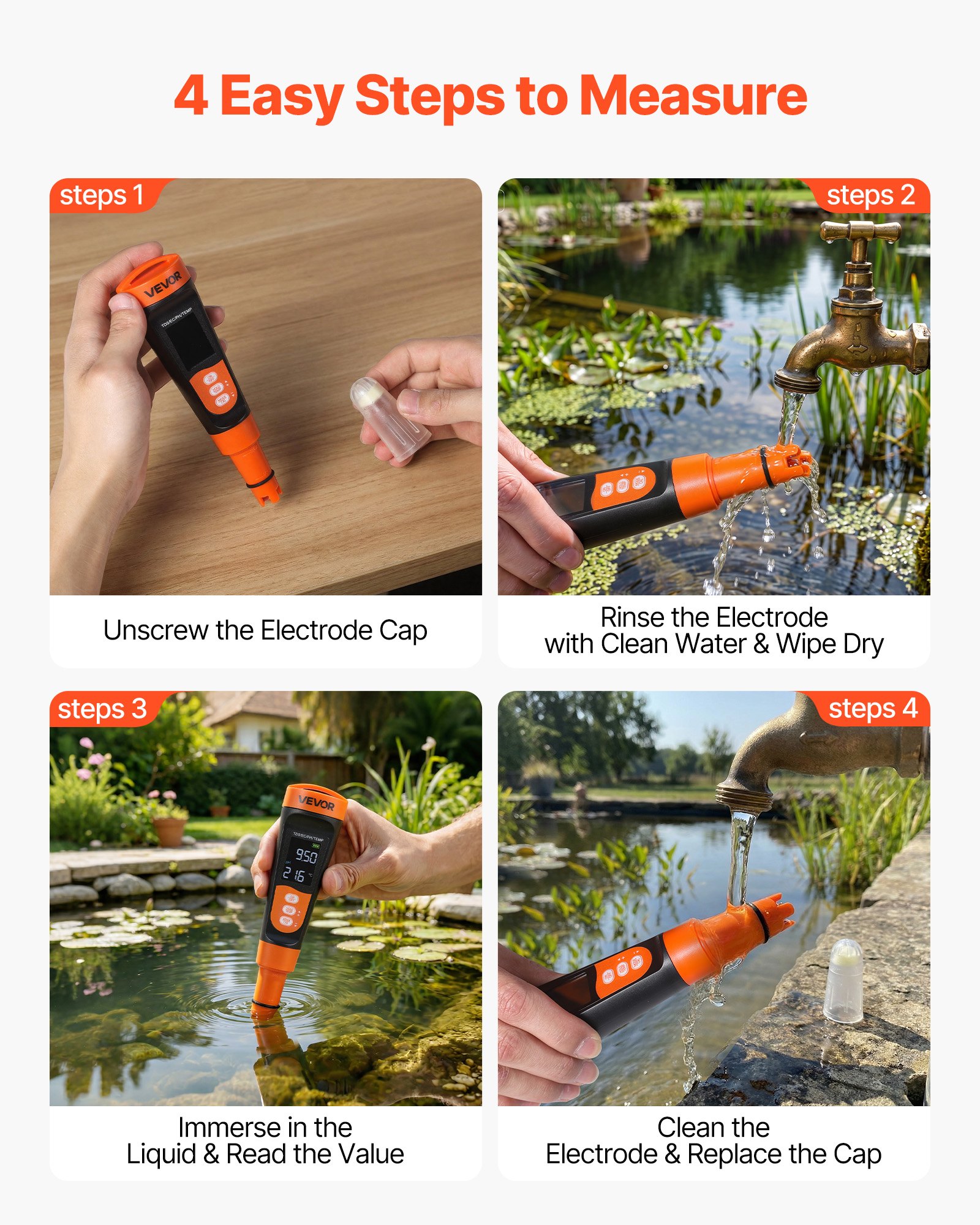 VEVOR Medidor de pH Digital, Probador Multifuncional de pH Conductividad TDS, a Prueba de Agua IP68, Pantalla VA, con Solución de Calibración, para Hidroponía Piscina Agua Potable Laboratorio Acuario