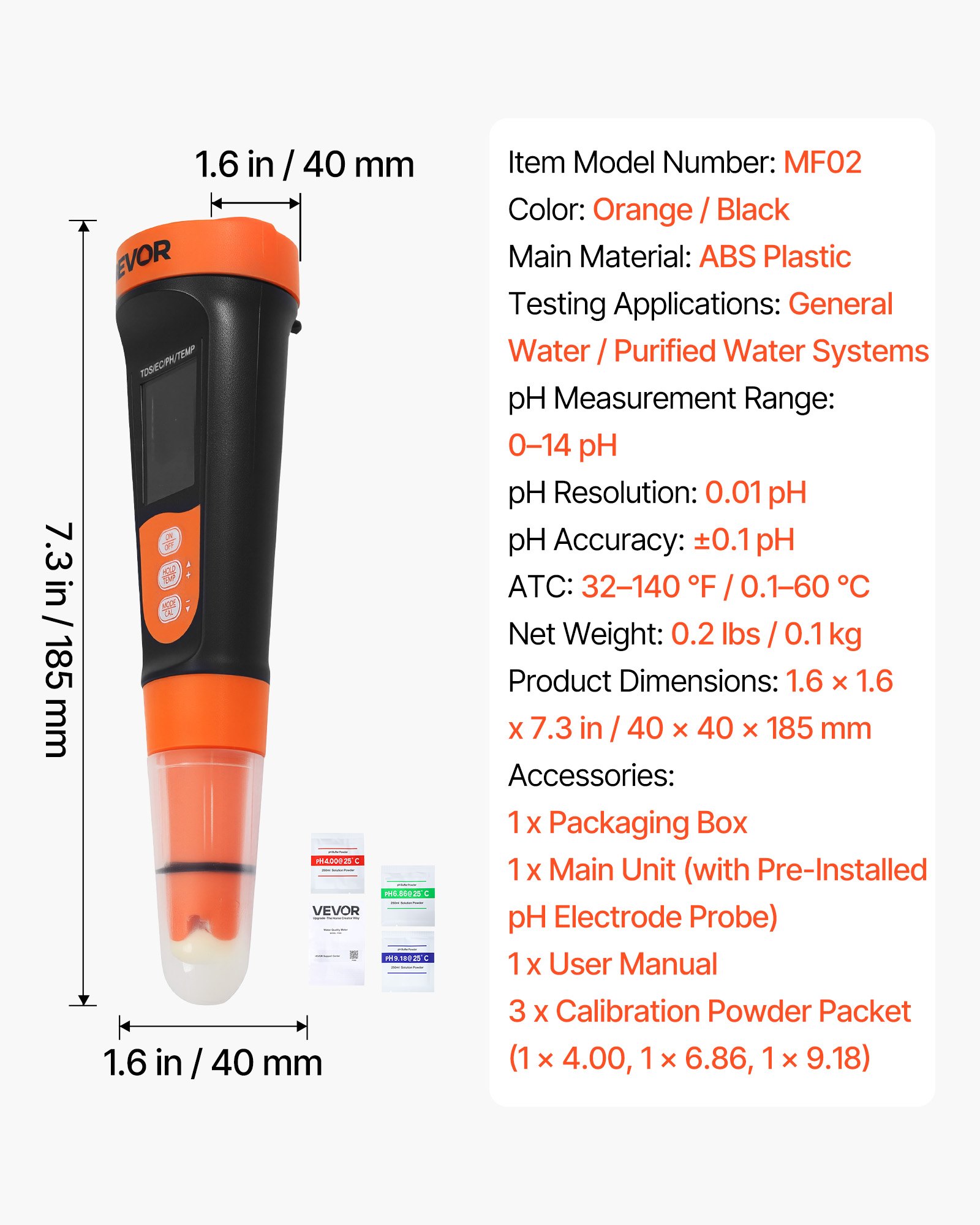 VEVOR Medidor de pH Digital, Probador Multifuncional de pH Conductividad TDS, a Prueba de Agua IP68, Pantalla VA, con Solución de Calibración, para Hidroponía Piscina Agua Potable Laboratorio Acuario