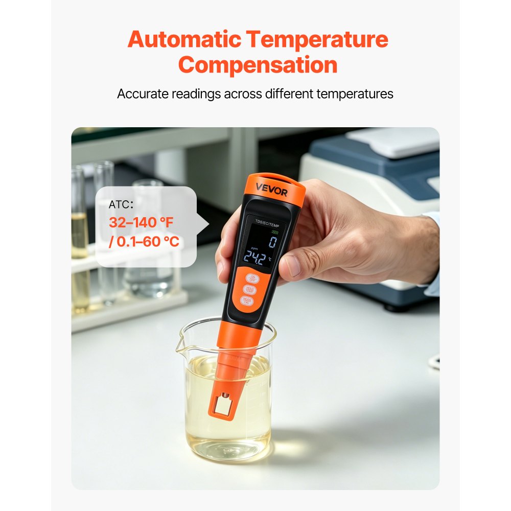 VEVOR Medidor de TDS Digital, Rango de medición 0-9990 ppm, Probador Multiparamétrico de TDS y Conductividad, con Compensación Automática de Temperatura, Pantalla LCD, para Laboratorio Agua Potable