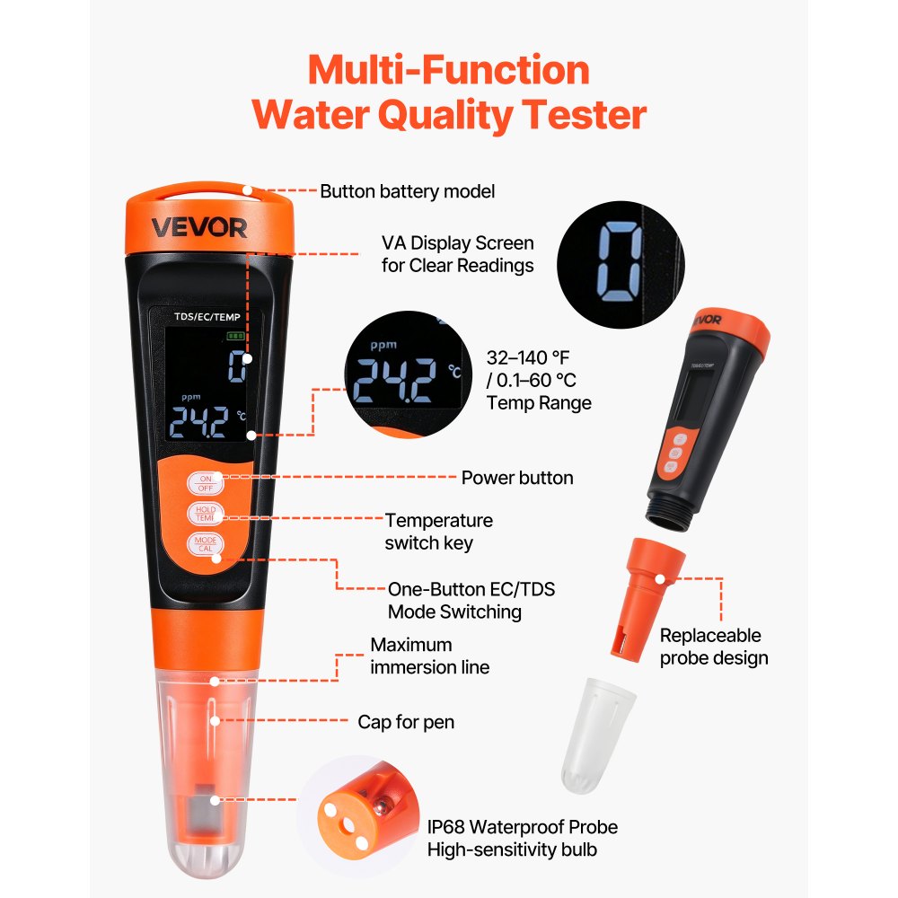 VEVOR Medidor de TDS Digital, Rango de medición 0-9990 ppm, Probador Multiparamétrico de TDS y Conductividad, con Compensación Automática de Temperatura, Pantalla LCD, para Laboratorio Agua Potable