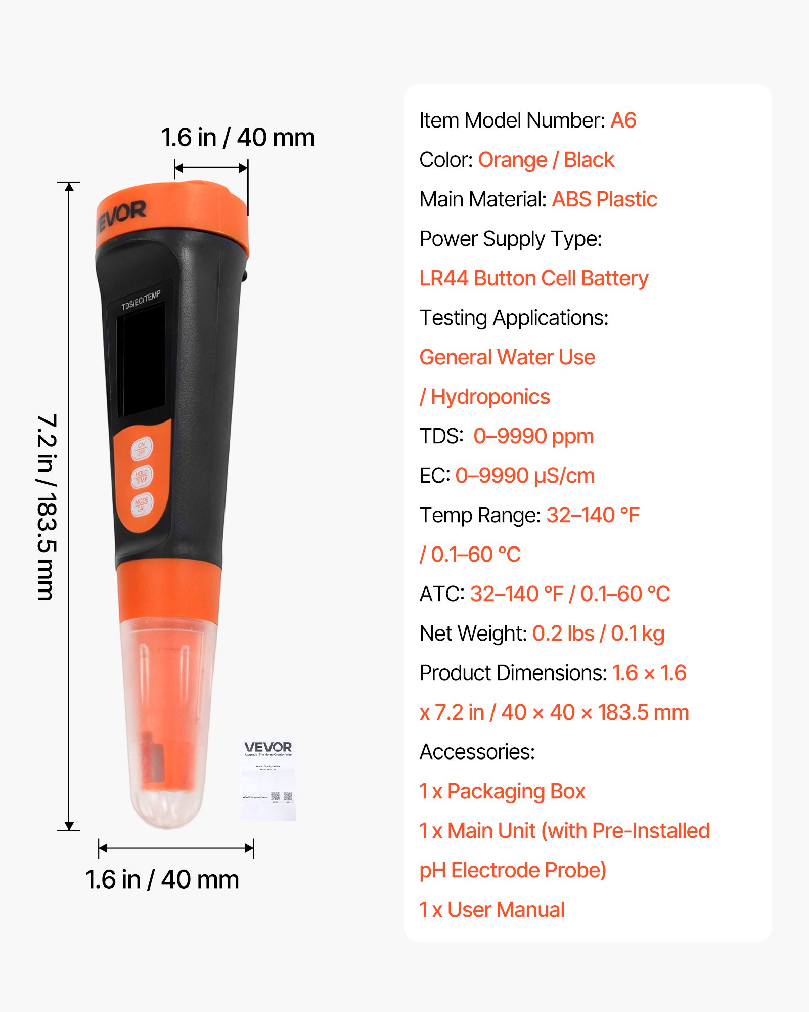 VEVOR Medidor de TDS Digital, Rango de medición 0-9990 ppm, Probador Multiparamétrico de TDS y Conductividad, con Compensación Automática de Temperatura, Pantalla LCD, para Laboratorio Agua Potable