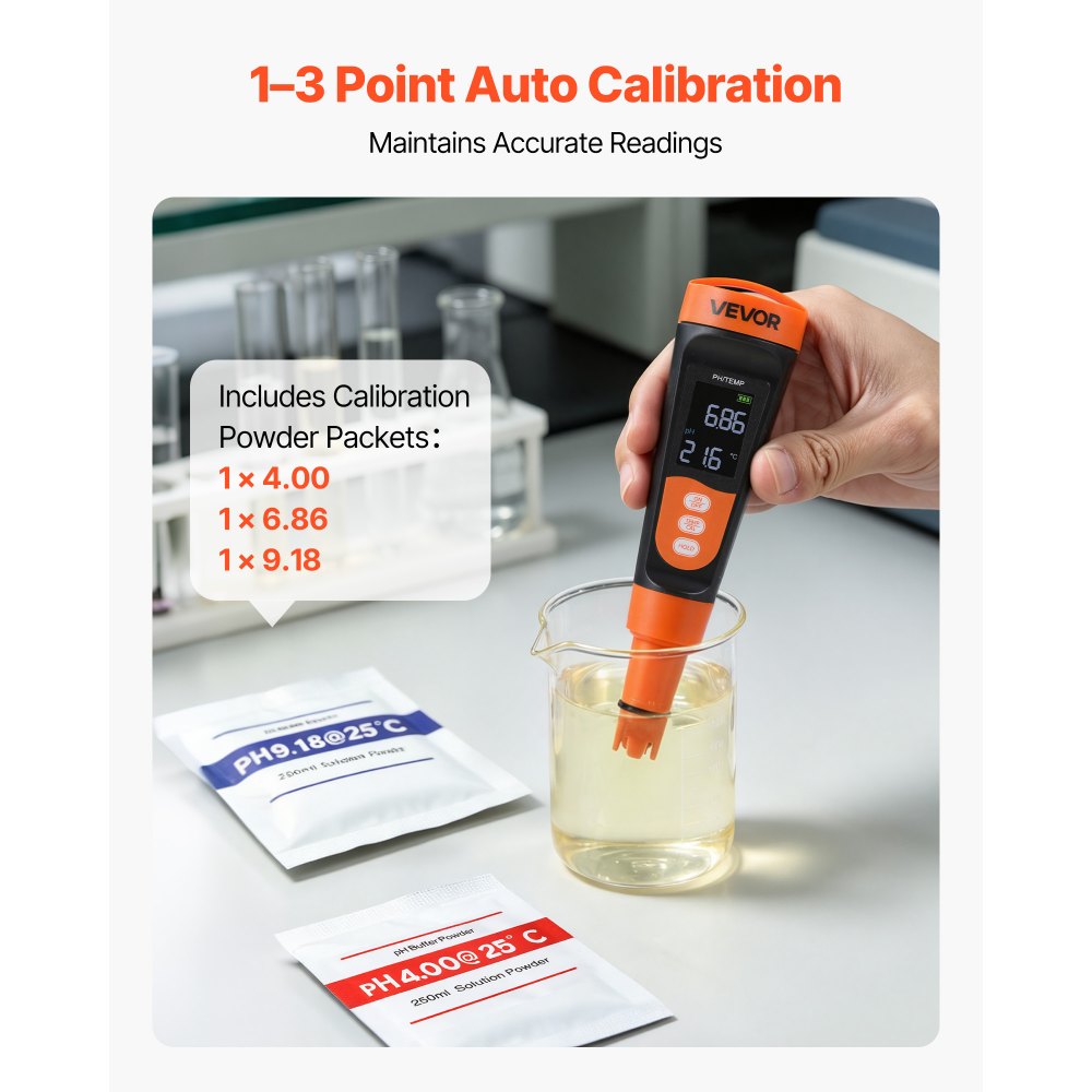 VEVOR Medidor de pH Digital, Rango de medición 0-14 pH, IP68, Compensación Automática de Temperatura, Solución de Calibración, Pantalla LCD, pHmetro para Laboratorio Acuario Agua Potable Hidroponía