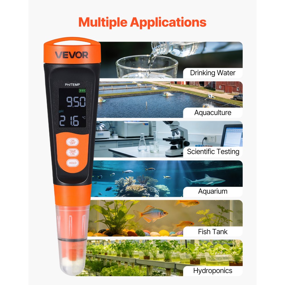 VEVOR Medidor de pH Digital, Rango de medición 0-14 pH, IP68, Compensación Automática de Temperatura, Solución de Calibración, Pantalla LCD, pHmetro para Laboratorio Acuario Agua Potable Hidroponía