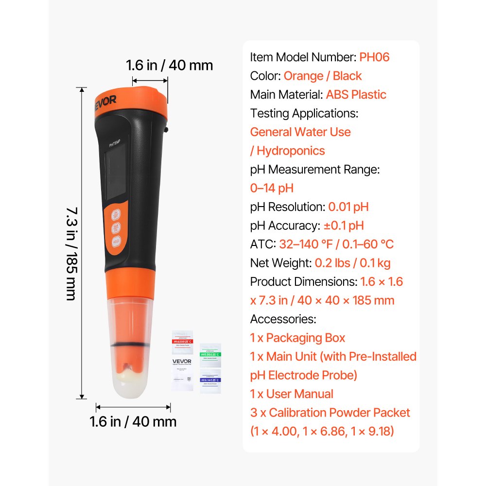 VEVOR Medidor de pH Digital, Rango de medición 0-14 pH, IP68, Compensación Automática de Temperatura, Solución de Calibración, Pantalla LCD, pHmetro para Laboratorio Acuario Agua Potable Hidroponía
