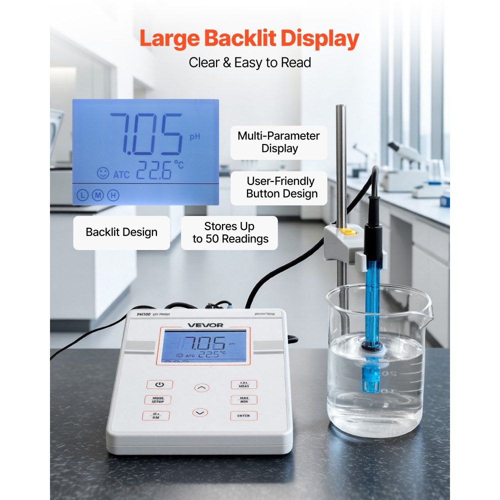 VEVOR Medidor de pH de Laboratorio de Sobremesa, Rango de Medición 0-14 pH de Alta Precisión, con Solución de Calibración, Almacenamiento de hasta 50 Datos de Medición, para Calidad de Agua Acuario