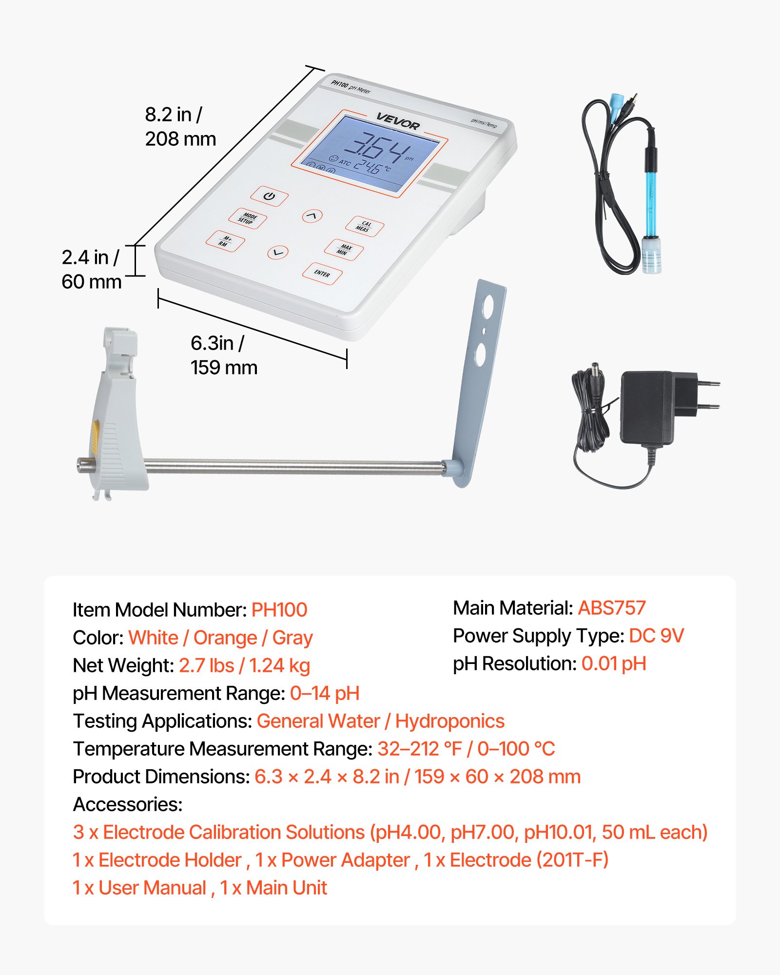 VEVOR Medidor de pH de Laboratorio de Sobremesa, Rango de Medición 0-14 pH de Alta Precisión, con Solución de Calibración, Almacenamiento de hasta 50 Datos de Medición, para Calidad de Agua Acuario
