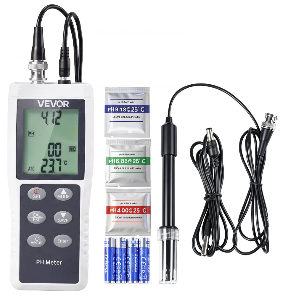 VEVOR Medidor de pH y Temperatura, Probador Digital de Calidad del Agua, Rango de Medición 0-14 pH, Impermeable IP68, Solución de Calibración, Portátil para Agua Potable Laboratorio Acuario Hipodronía