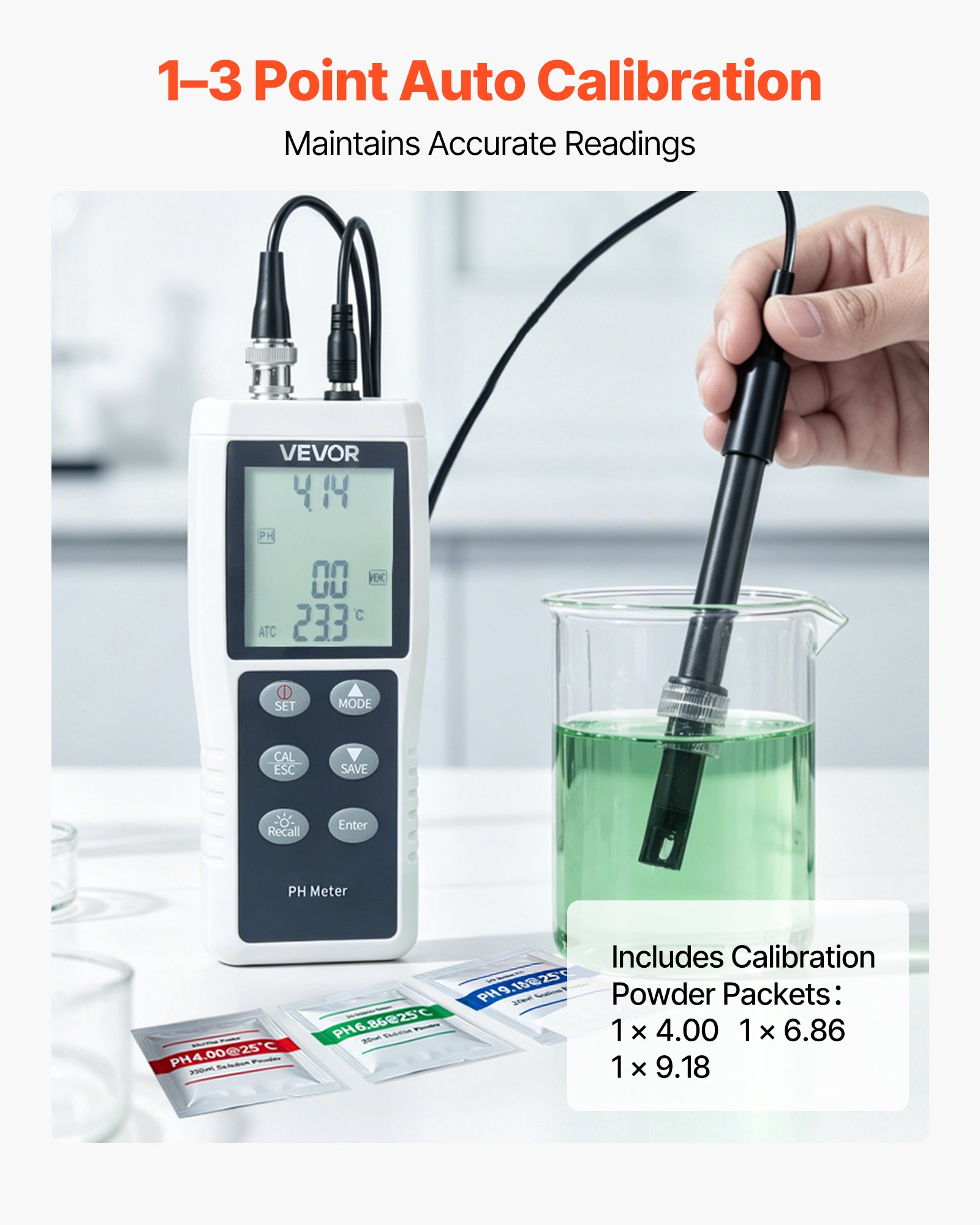 VEVOR Medidor de pH y Temperatura, Probador Digital de Calidad del Agua, Rango de Medición 0-14 pH, Impermeable IP68, Solución de Calibración, Portátil para Agua Potable Laboratorio Acuario Hipodronía