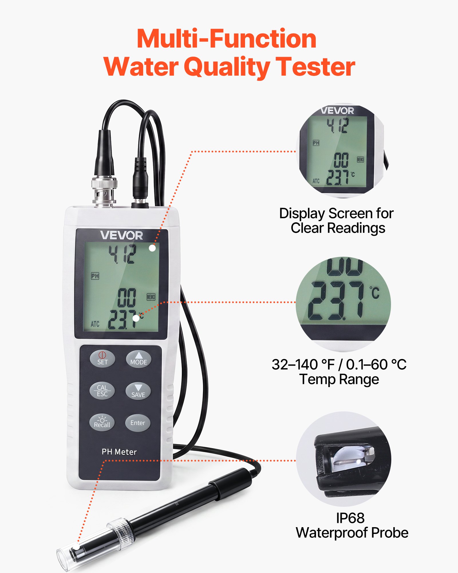 VEVOR Medidor de pH y Temperatura, Probador Digital de Calidad del Agua, Rango de Medición 0-14 pH, Impermeable IP68, Solución de Calibración, Portátil para Agua Potable Laboratorio Acuario Hipodronía