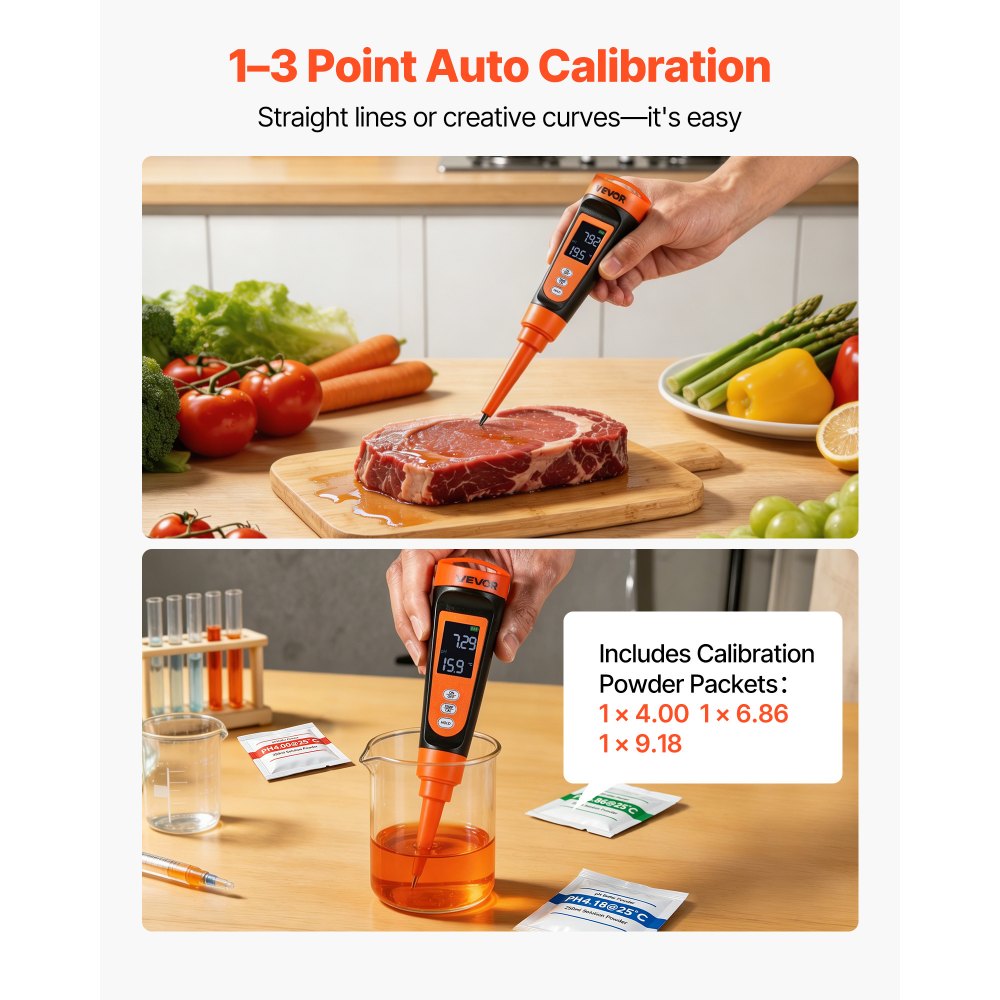 VEVOR Medidor de pH para Alimentos, Rango de Medición 0-14 de Alta Precisión, a Prueba de Agua IP68, Compensación Automática de Temperatura, pHmetro para Fermentación Masa de Pan Carne Agria Queso