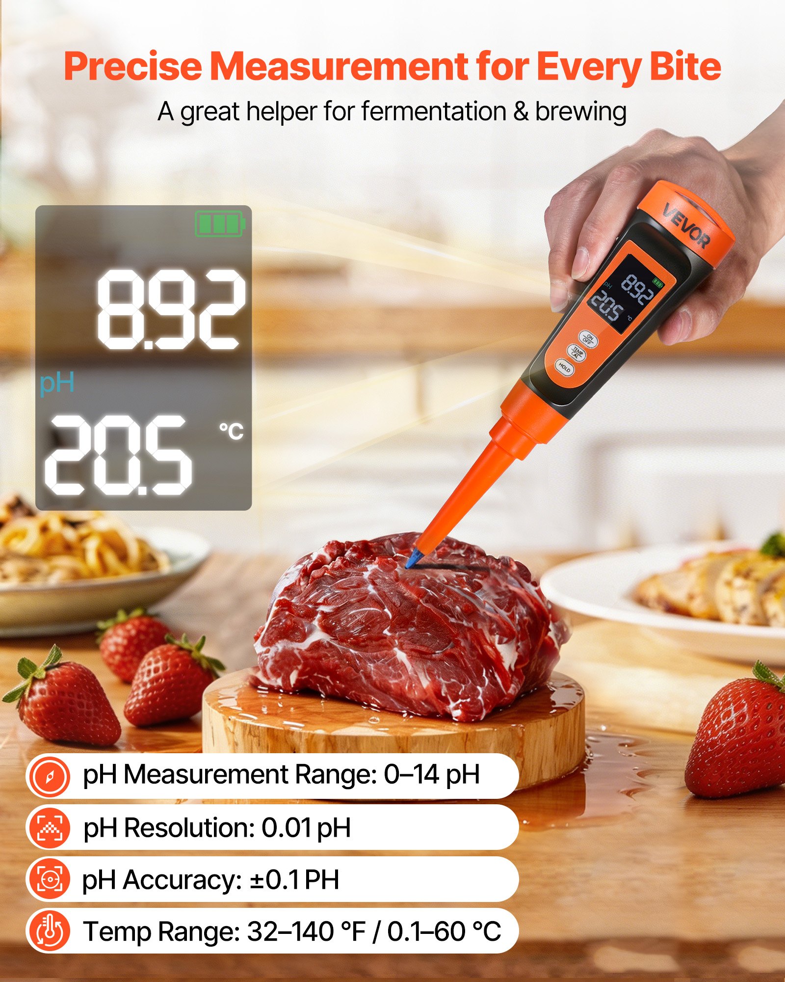 VEVOR Medidor de pH para Alimentos, Rango de Medición 0-14 de Alta Precisión, a Prueba de Agua IP68, Compensación Automática de Temperatura, pHmetro para Fermentación Masa de Pan Carne Agria Queso