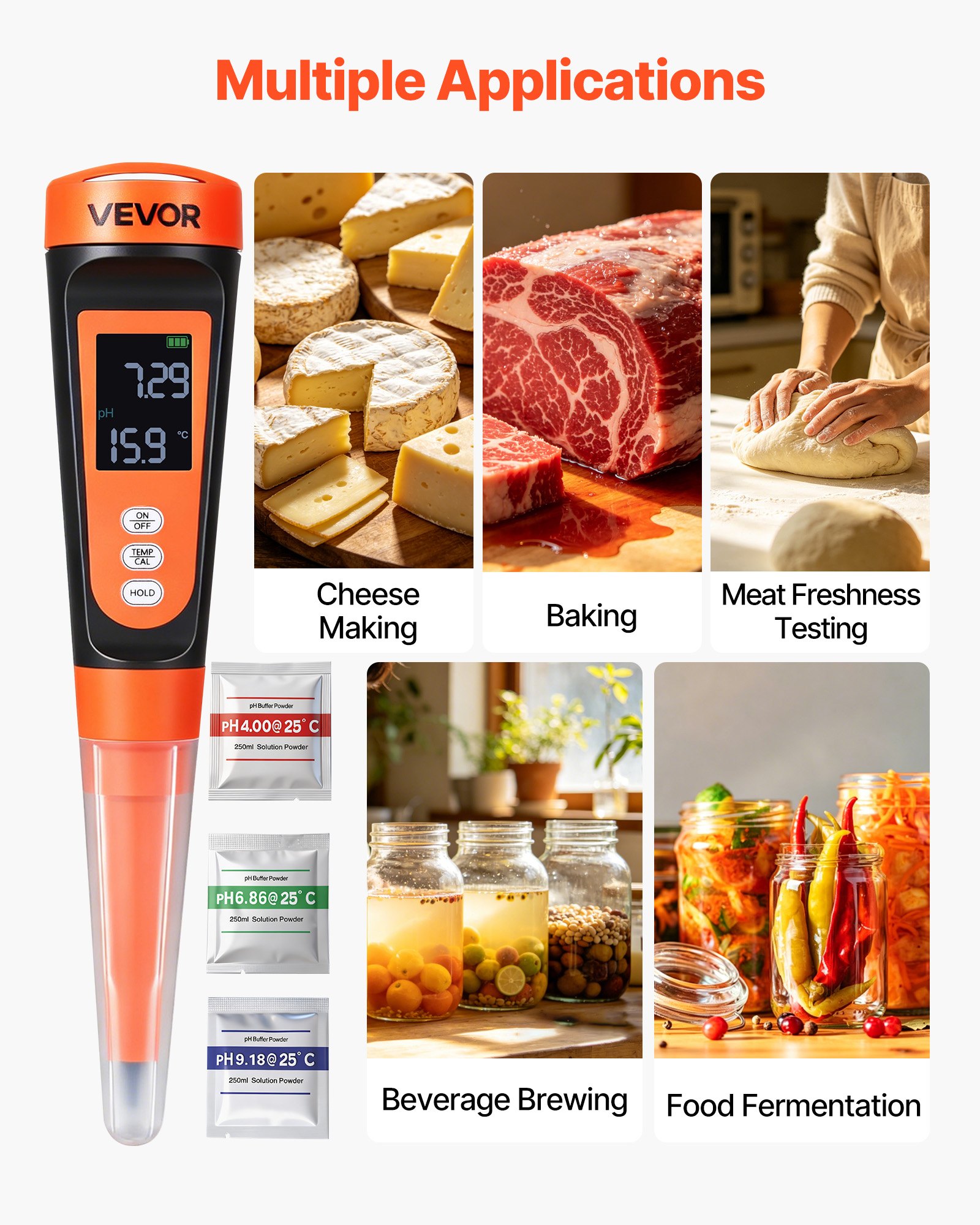 VEVOR Medidor de pH para Alimentos, Rango de Medición 0-14 de Alta Precisión, a Prueba de Agua IP68, Compensación Automática de Temperatura, pHmetro para Fermentación Masa de Pan Carne Agria Queso