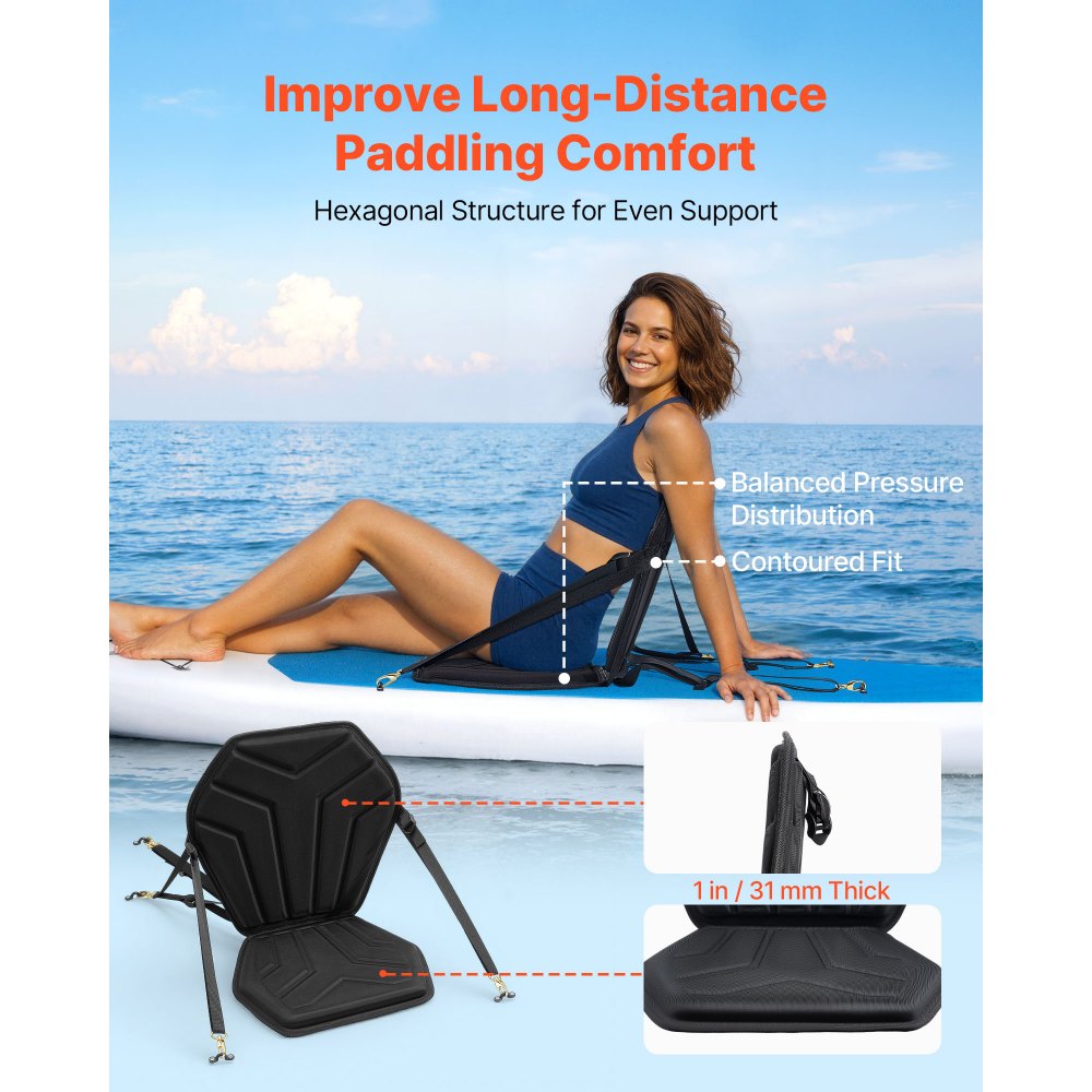 VEVOR Asiento Acolchado para Kayaks 1 Pieza, Asiento de Canoa con Respaldo Grosor de 31 mm, Cojín de Kayak con Bolsa de Almacenamiento y Correas Ajustables para Bote de Pesca, Tabla de Paddle