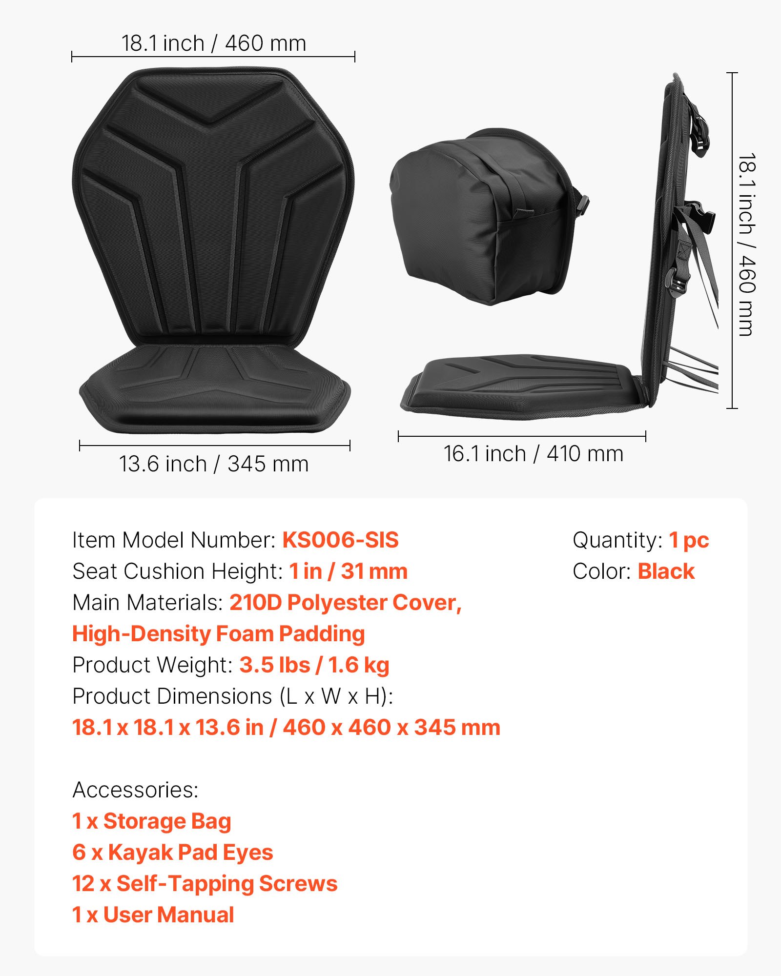 VEVOR Asiento Acolchado para Kayaks 1 Pieza, Asiento de Canoa con Respaldo Grosor de 31 mm, Cojín de Kayak con Bolsa de Almacenamiento y Correas Ajustables para Bote de Pesca, Tabla de Paddle