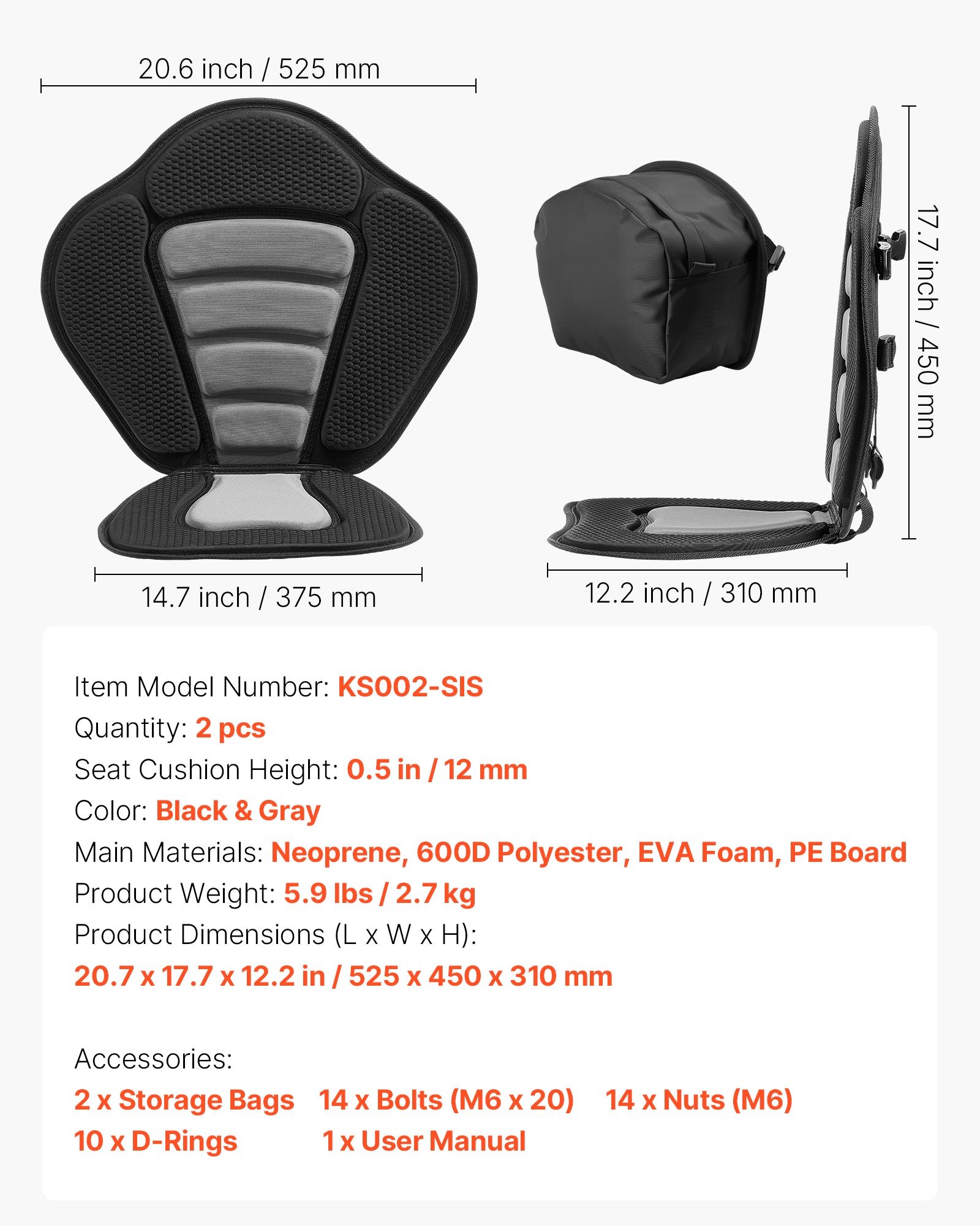 VEVOR Asiento Acolchado para Kayaks 2 Piezas, Asiento de Canoa con Respaldo Grosor de 12 mm, Cojín de Kayak con Bolsa de Almacenamiento y Correas Ajustables para Bote de Pesca, Tabla de Paddle