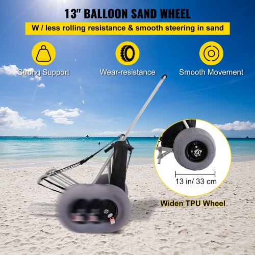 VEVOR Carro Plegable Playa TPU 14" x 14,7" Carro Plegable para Exteriores Carro de Transporte con Barra Telescópica 68 x 35,5 x 125 cm Carro Portasillas Playa Plegable 9 kg Carro Plegable Playa