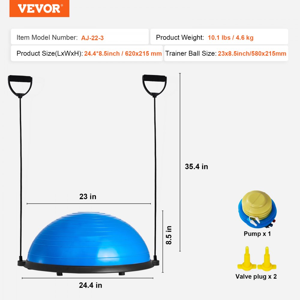 VEVOR Entrenador de Pelota de Medio Ejercicio, Entrenador de Pelota de Equilibrio de 620 x 215 mm de Capacidad de 300 kg con Bandas de Resistencia y Bomba de Pie para Gimnasio en Casa, Color Azul