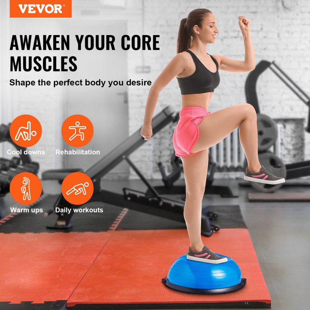 VEVOR Entrenador de Pelota de Medio Ejercicio, Entrenador de Pelota de Equilibrio de 620 x 215 mm de Capacidad de 300 kg con Bandas de Resistencia y Bomba de Pie para Gimnasio en Casa, Color Azul