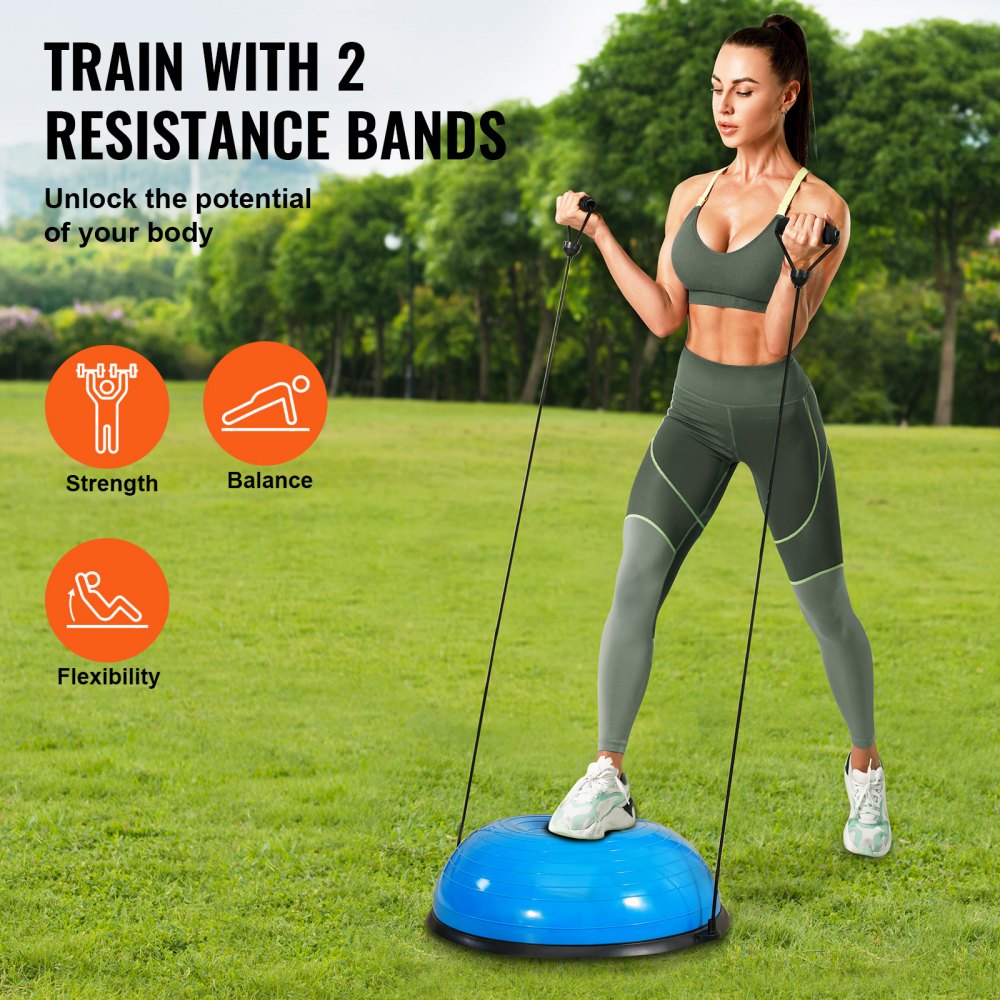 VEVOR Entrenador de Pelota de Medio Ejercicio, Entrenador de Pelota de Equilibrio de 620 x 215 mm de Capacidad de 300 kg con Bandas de Resistencia y Bomba de Pie para Gimnasio en Casa, Color Azul