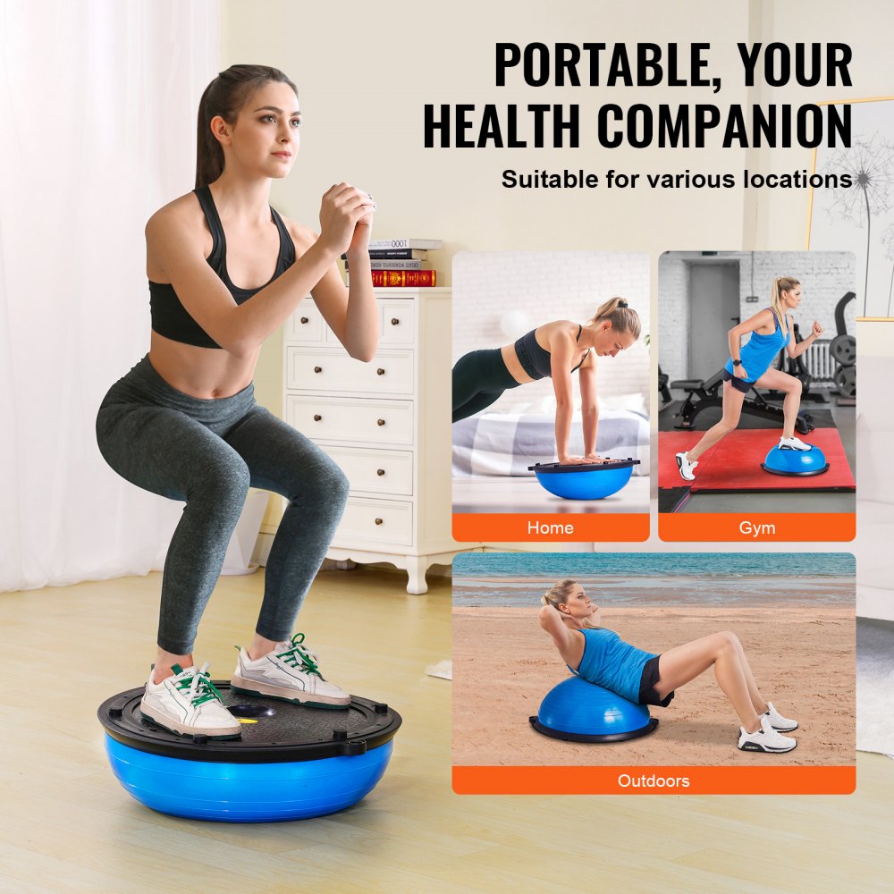 VEVOR Entrenador de Pelota de Medio Ejercicio, Entrenador de Pelota de Equilibrio de 620 x 215 mm de Capacidad de 300 kg con Bandas de Resistencia y Bomba de Pie para Gimnasio en Casa, Color Azul