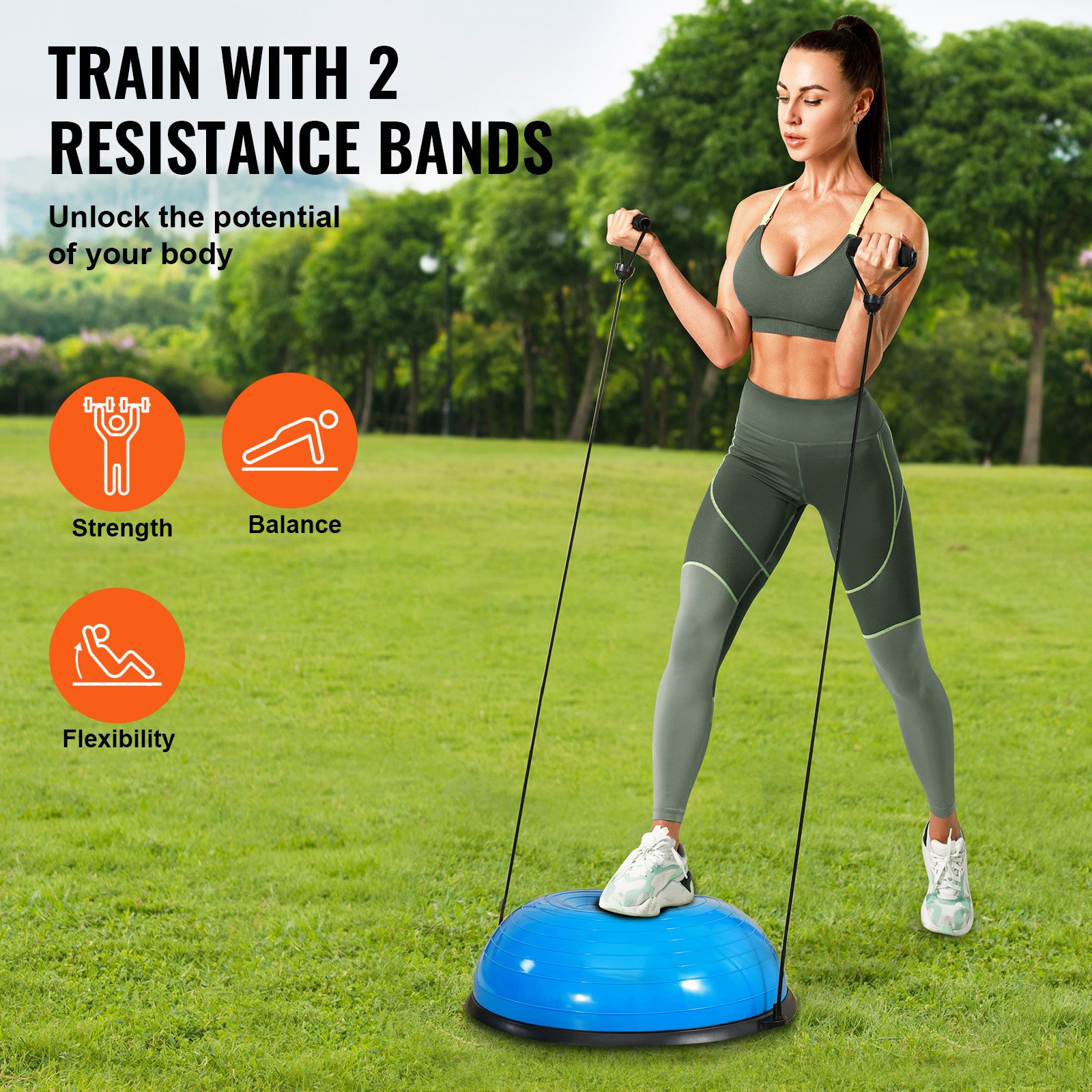 VEVOR Entrenador de Pelota de Medio Ejercicio, Entrenador de Pelota de Equilibrio de 620 x 215 mm de Capacidad de 300 kg con Bandas de Resistencia y Bomba de Pie para Gimnasio en Casa, Color Azul