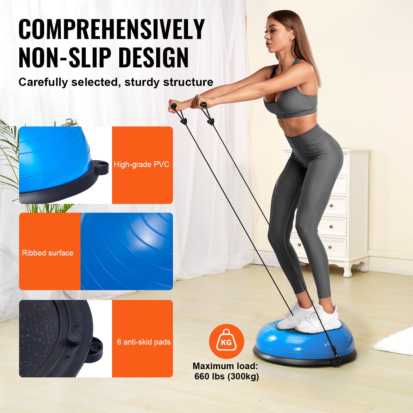 VEVOR Entrenador de Pelota de Medio Ejercicio, Entrenador de Pelota de Equilibrio de 620 x 215 mm de Capacidad de 300 kg con Bandas de Resistencia y Bomba de Pie para Gimnasio en Casa, Color Azul