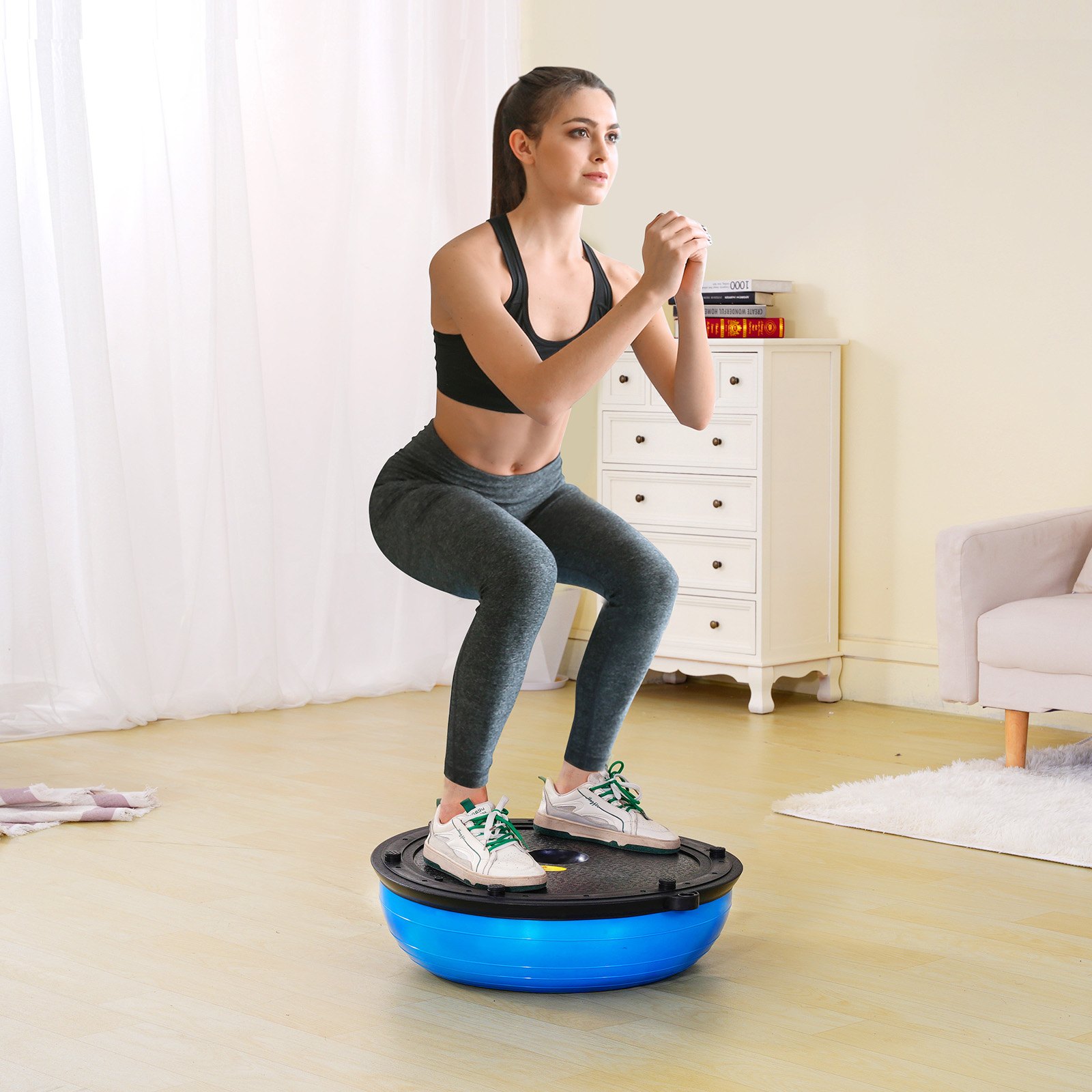 VEVOR Entrenador de Pelota de Medio Ejercicio, Entrenador de Pelota de Equilibrio de 620 x 215 mm de Capacidad de 300 kg con Bandas de Resistencia y Bomba de Pie para Gimnasio en Casa, Color Azul