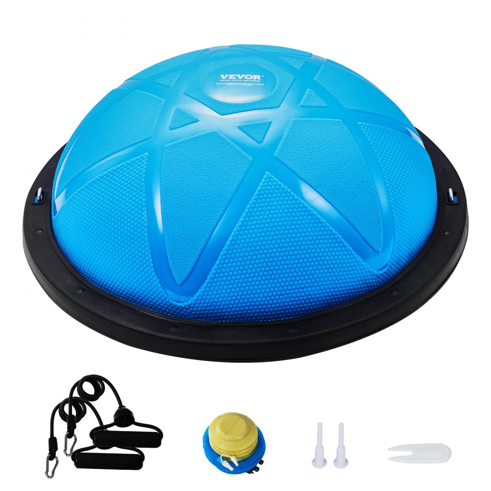 Pelota de ejercicio de media altura VEVOR en color azul con asas, bomba y accesorios.