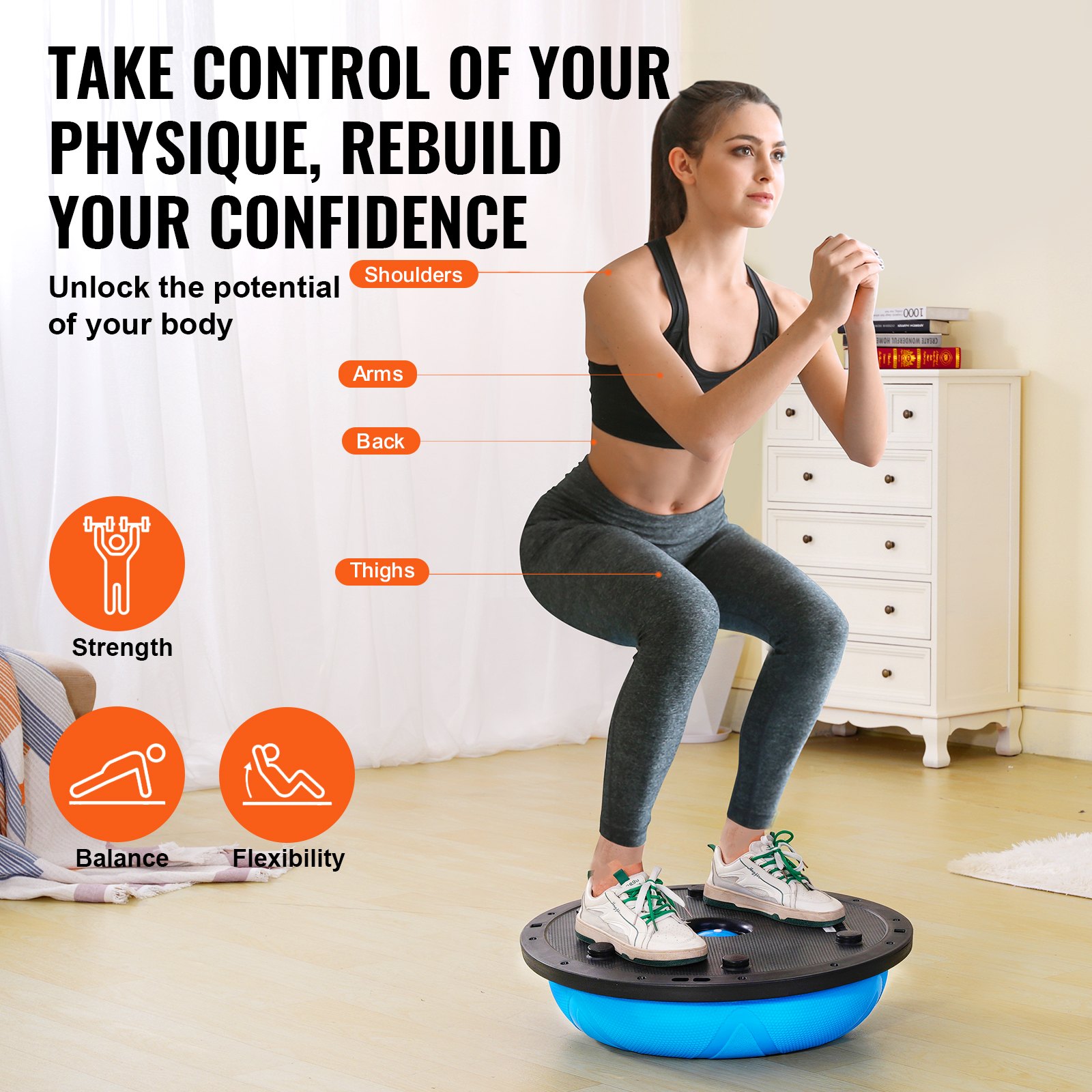 VEVOR Entrenador de Pelota de Ejercicio Medio, Entrenador de Pelota de Equilibrio de 580 x 200 mm de Capacidad de 300 kg con Bandas de Resistencia y Bomba, para Gimnasio en Casa de Cuerpo, Azul