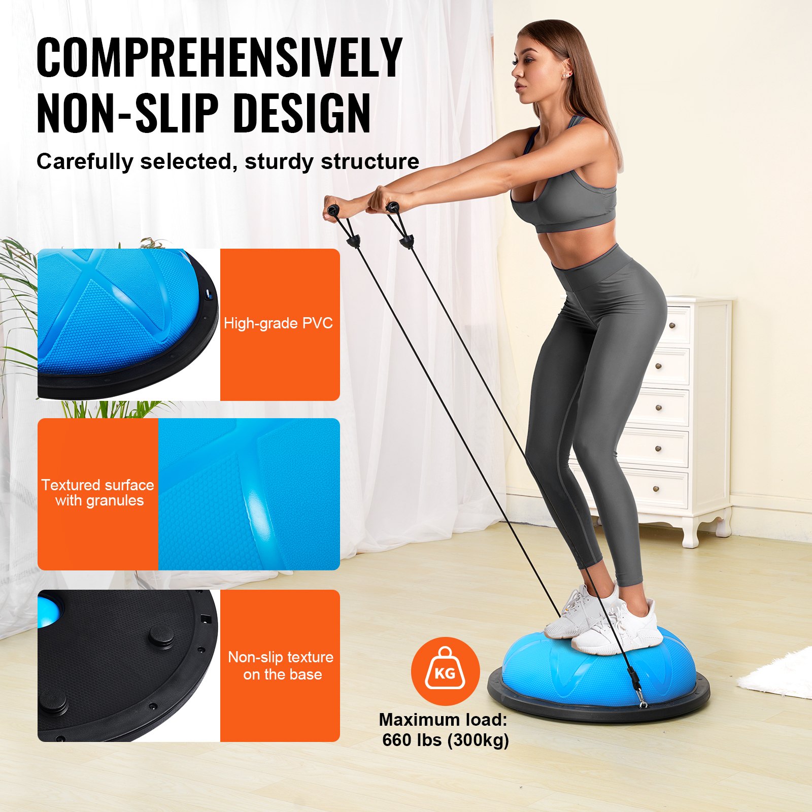 VEVOR Entrenador de Pelota de Ejercicio Medio, Entrenador de Pelota de Equilibrio de 580 x 200 mm de Capacidad de 300 kg con Bandas de Resistencia y Bomba, para Gimnasio en Casa de Cuerpo, Azul