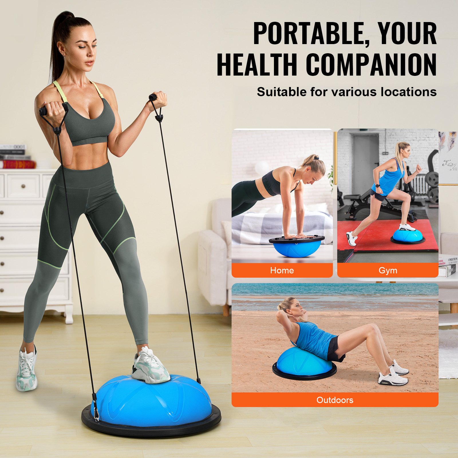 VEVOR Entrenador de Pelota de Ejercicio Medio, Entrenador de Pelota de Equilibrio de 580 x 200 mm de Capacidad de 300 kg con Bandas de Resistencia y Bomba, para Gimnasio en Casa de Cuerpo, Azul