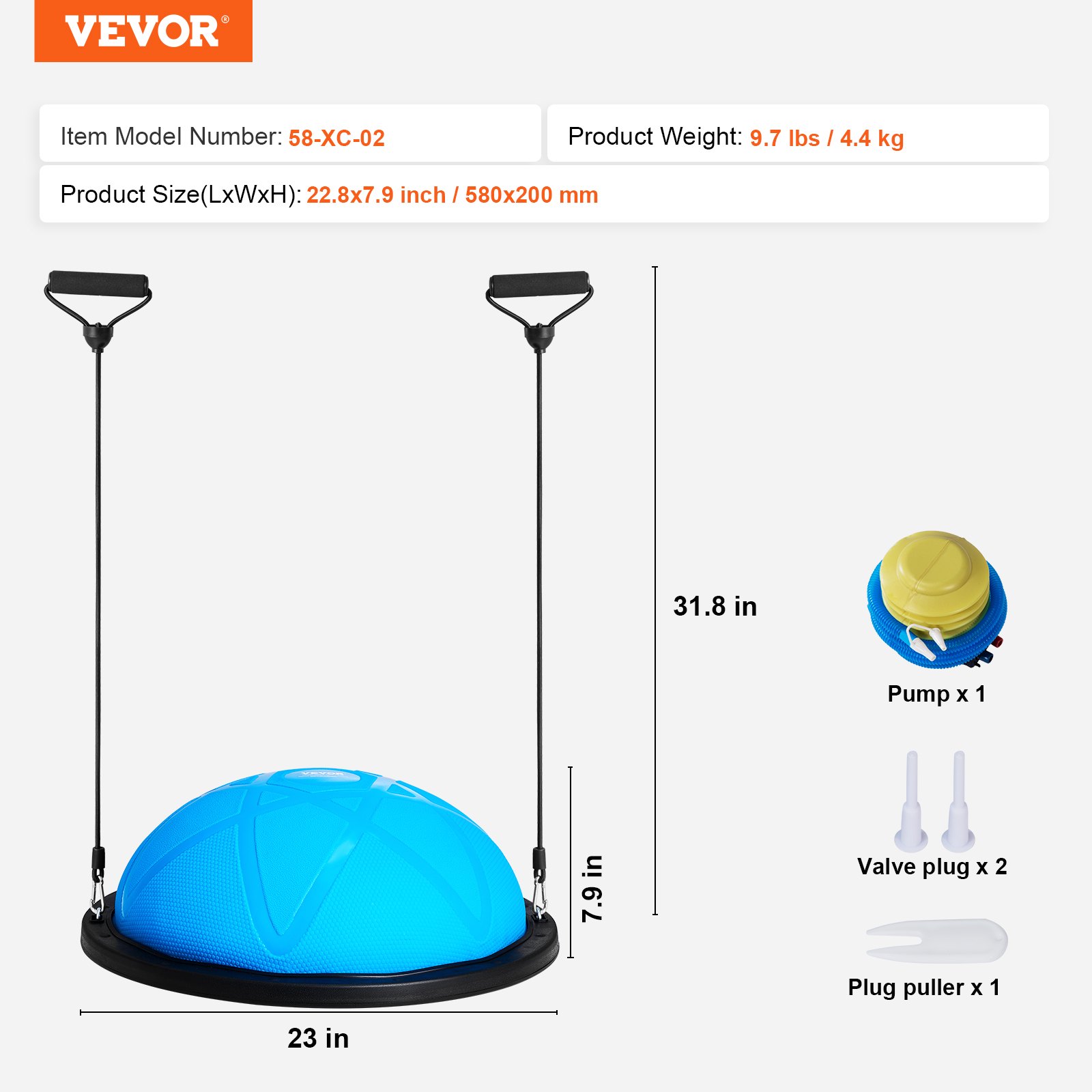 VEVOR Entrenador de Pelota de Ejercicio Medio, Entrenador de Pelota de Equilibrio de 580 x 200 mm de Capacidad de 300 kg con Bandas de Resistencia y Bomba, para Gimnasio en Casa de Cuerpo, Azul